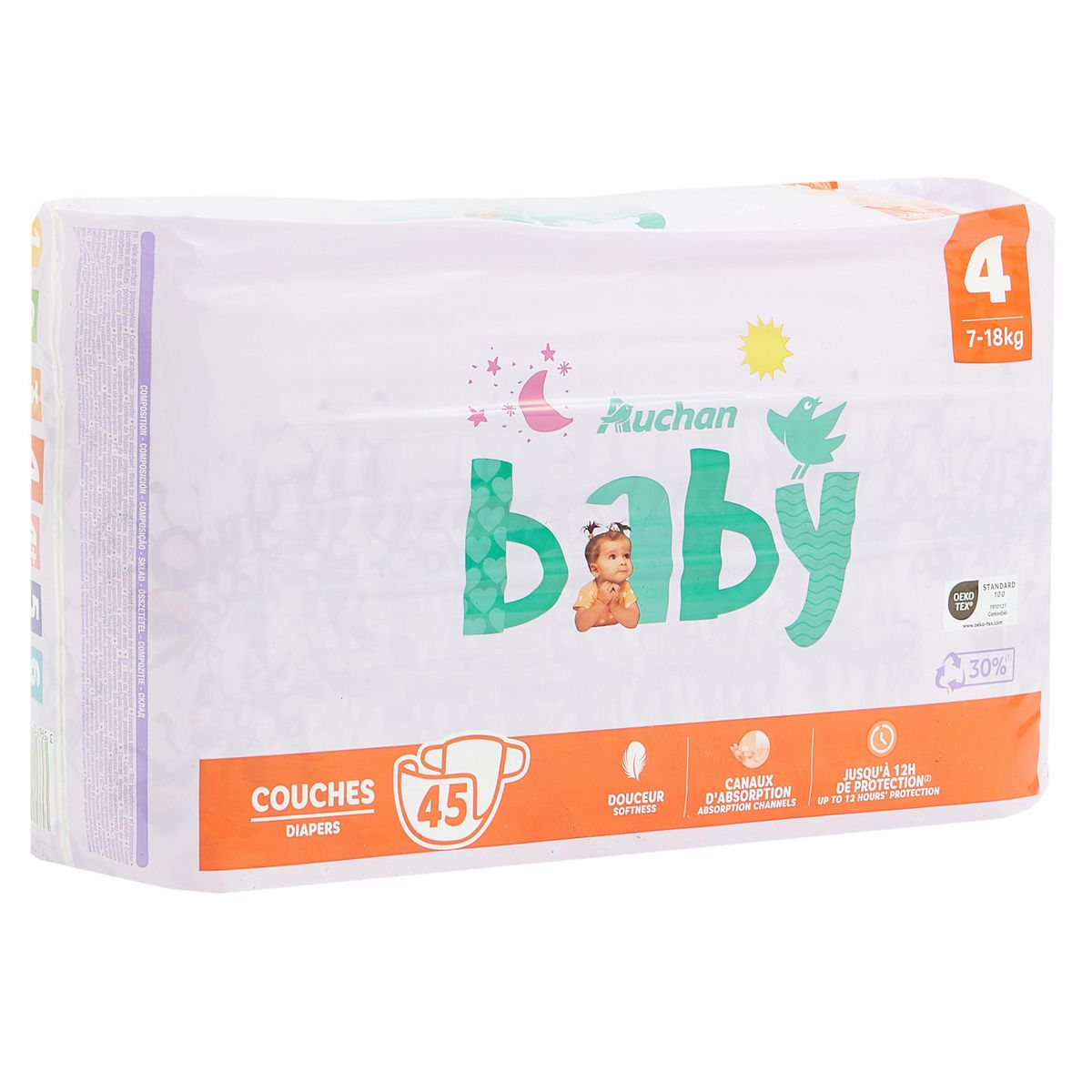 AUCHAN BABY Couches taille 4 (7-18kg) 45 couches