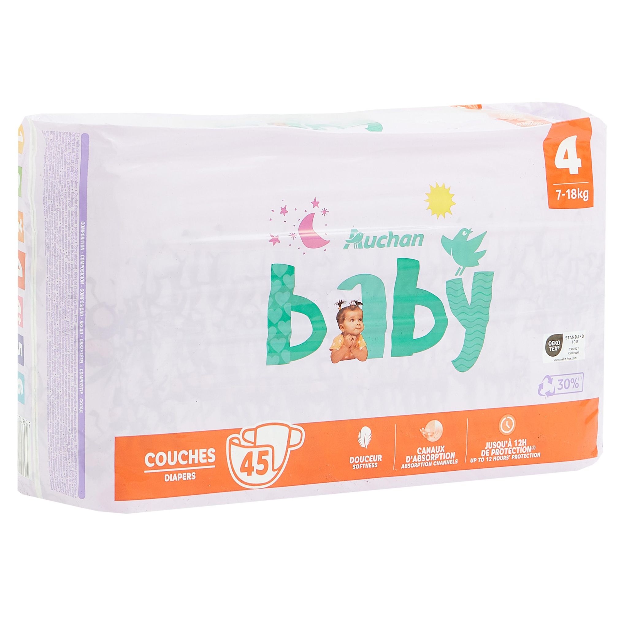 Voir la diapositive 3 : AUCHAN BABY Couches taille 4 (7-18kg) 45 couches