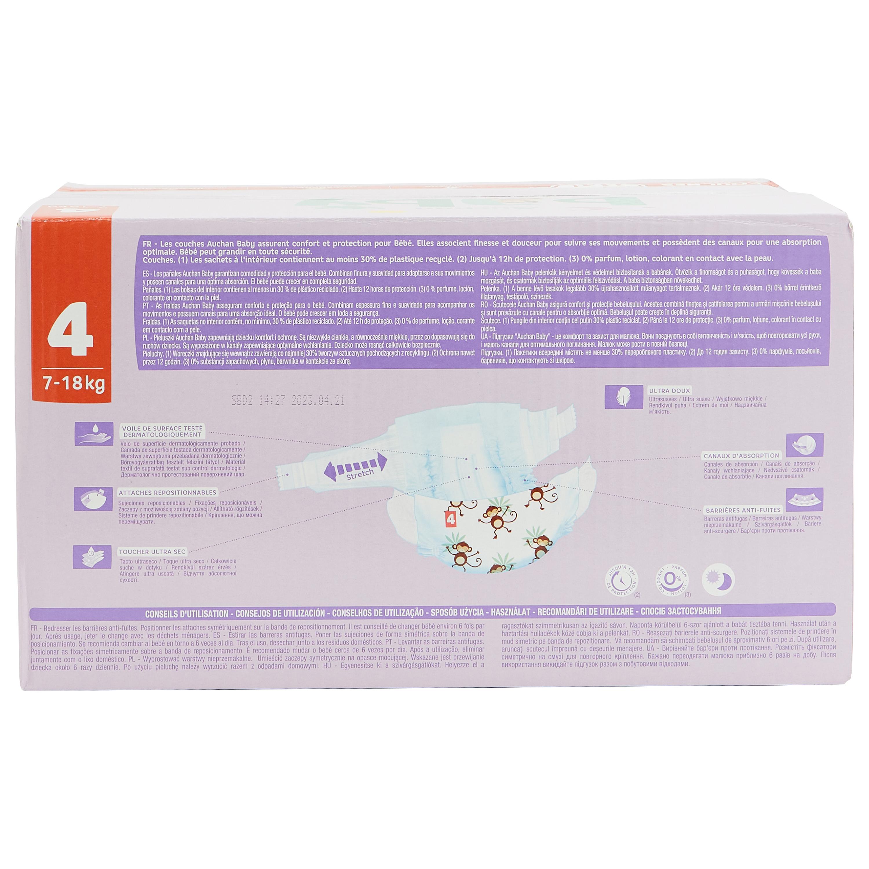 Voir la diapositive 3 : AUCHAN BABY Couches taille 4 (7-18kg) 114 couches