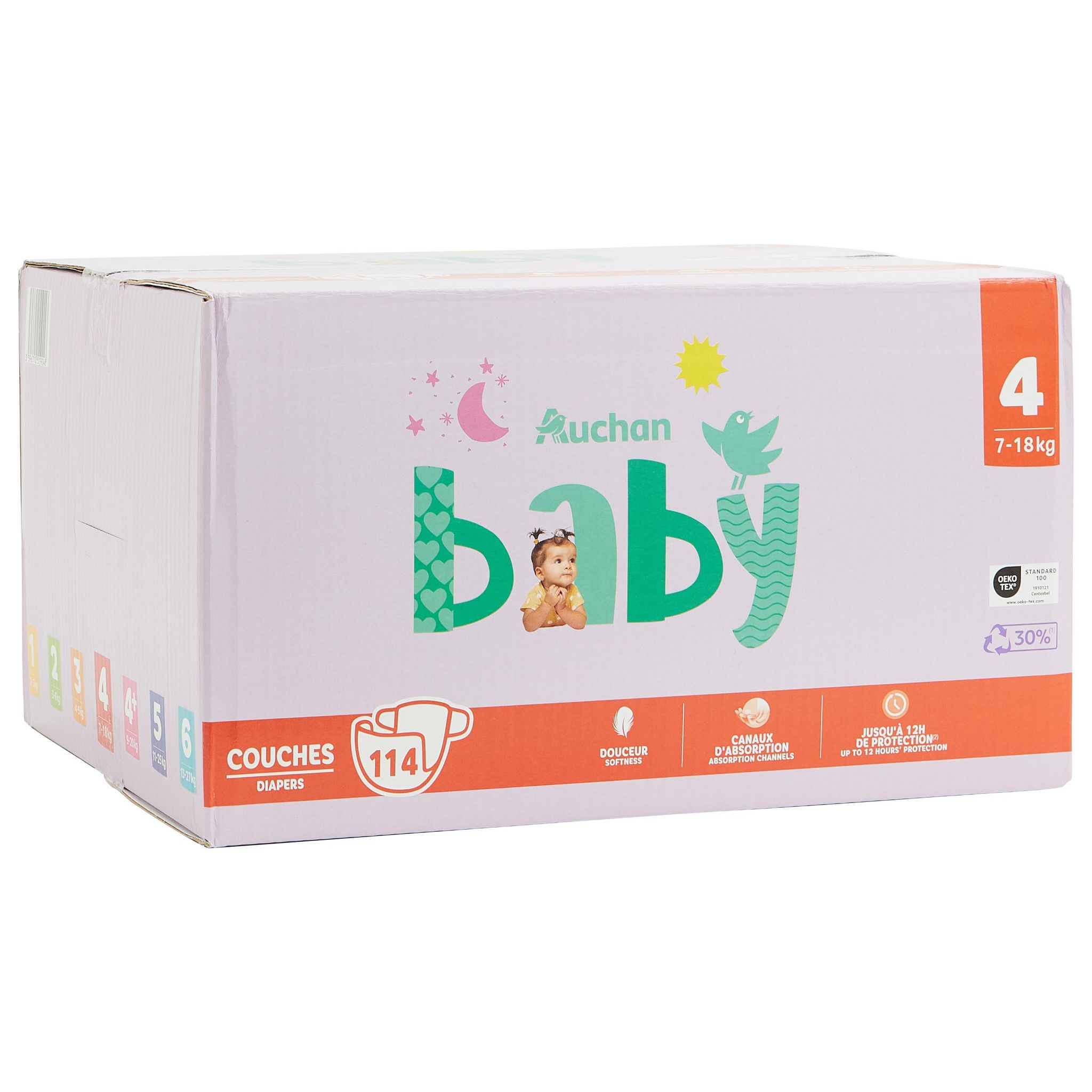 Voir la diapositive 10 : AUCHAN BABY Couches taille 4 (7-18kg) 114 couches