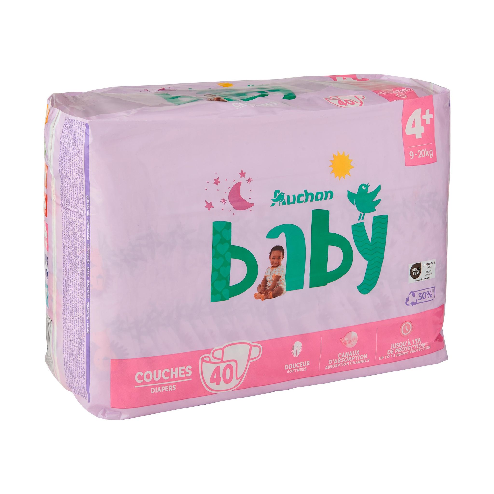 Voir la diapositive 2 : AUCHAN BABY Couches taille 4+ (9-20kg) 40 couches