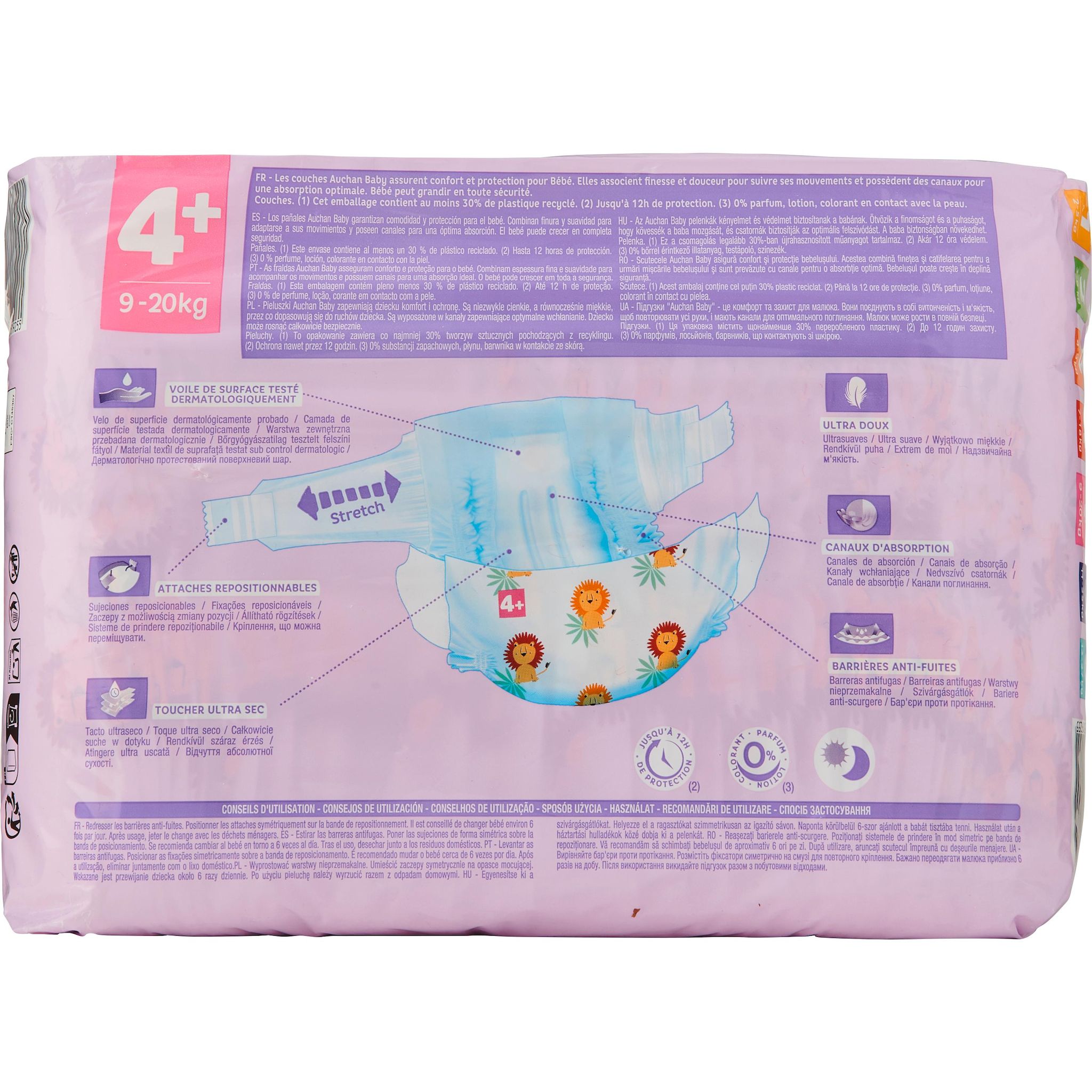 Voir la diapositive 11 : AUCHAN BABY Couches taille 4+ (9-20kg) 40 couches