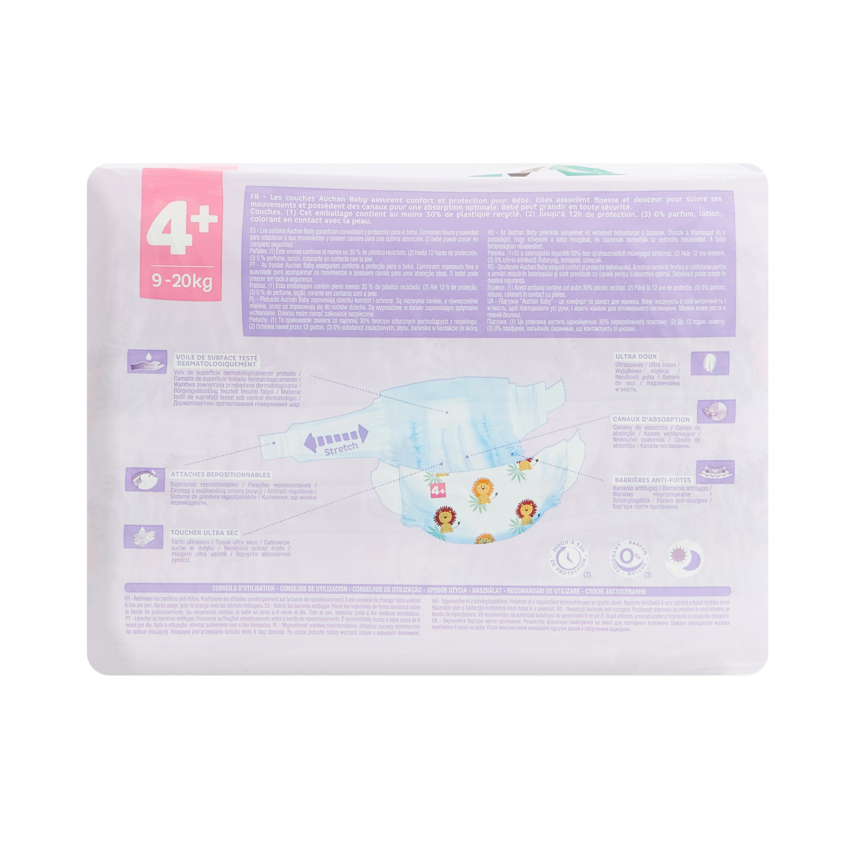 Voir la diapositive 5 : AUCHAN BABY Couches taille 4+ (9-20kg) 82 couches