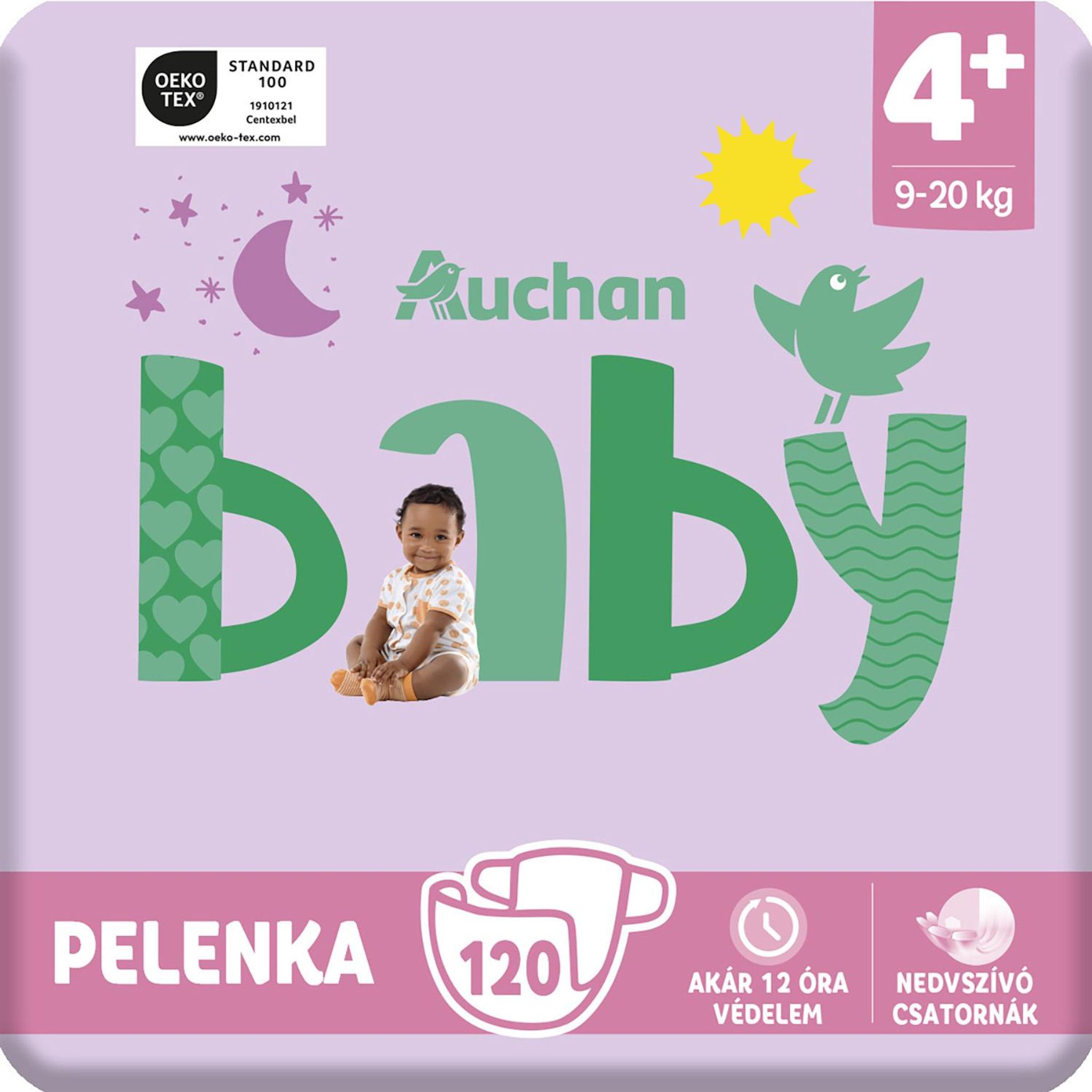 Voir la diapositive 2 : AUCHAN BABY Couches taille 4+ (9-20kg) 120 couches