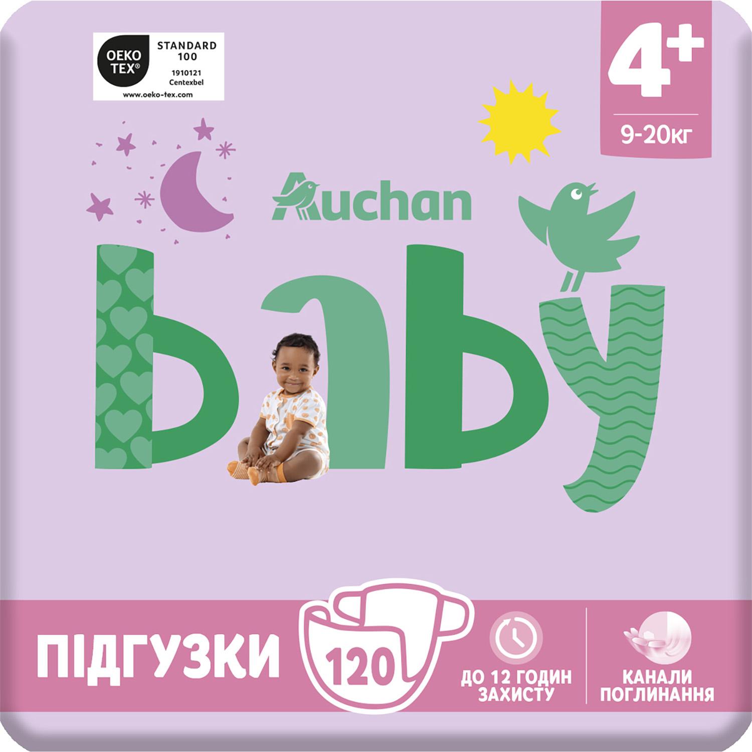 Voir la diapositive 3 : AUCHAN BABY Couches taille 4+ (9-20kg) 120 couches