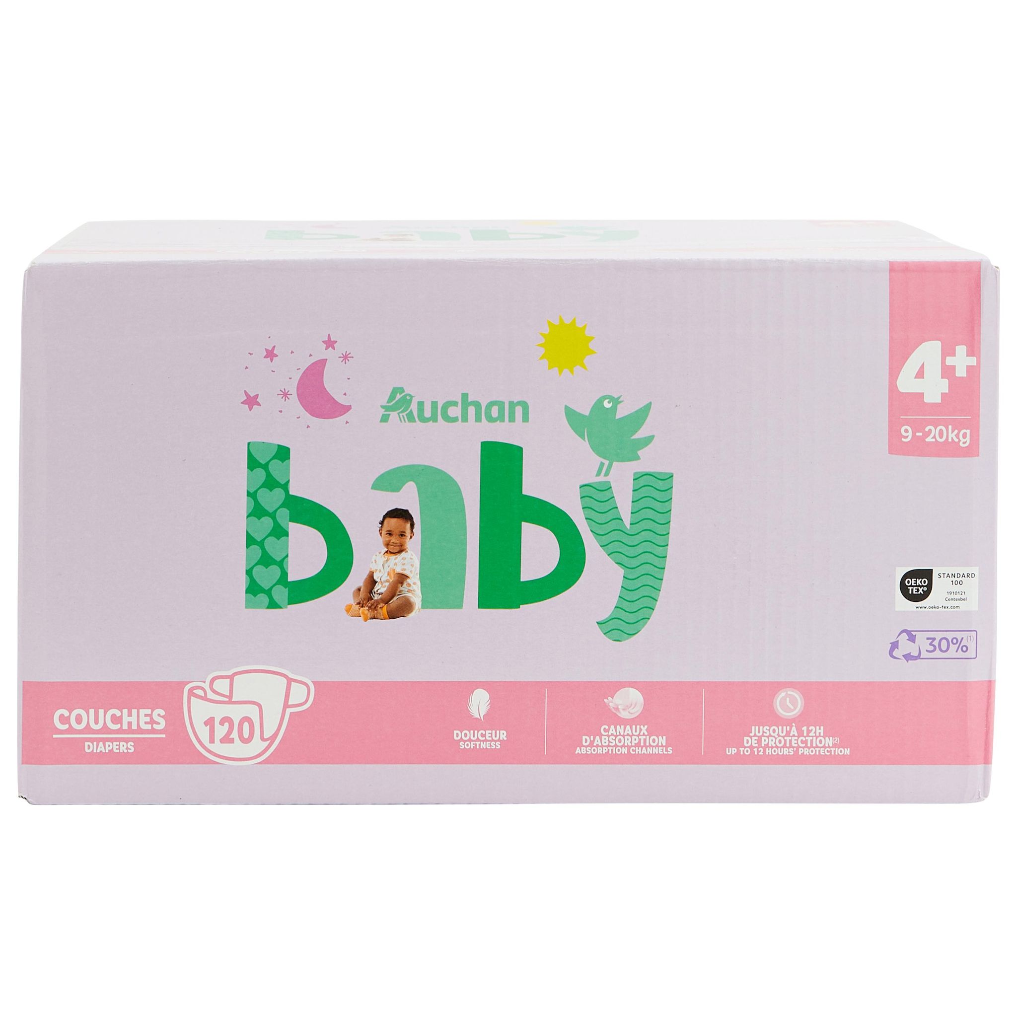 Voir la diapositive 5 : AUCHAN BABY Couches taille 4+ (9-20kg) 120 couches