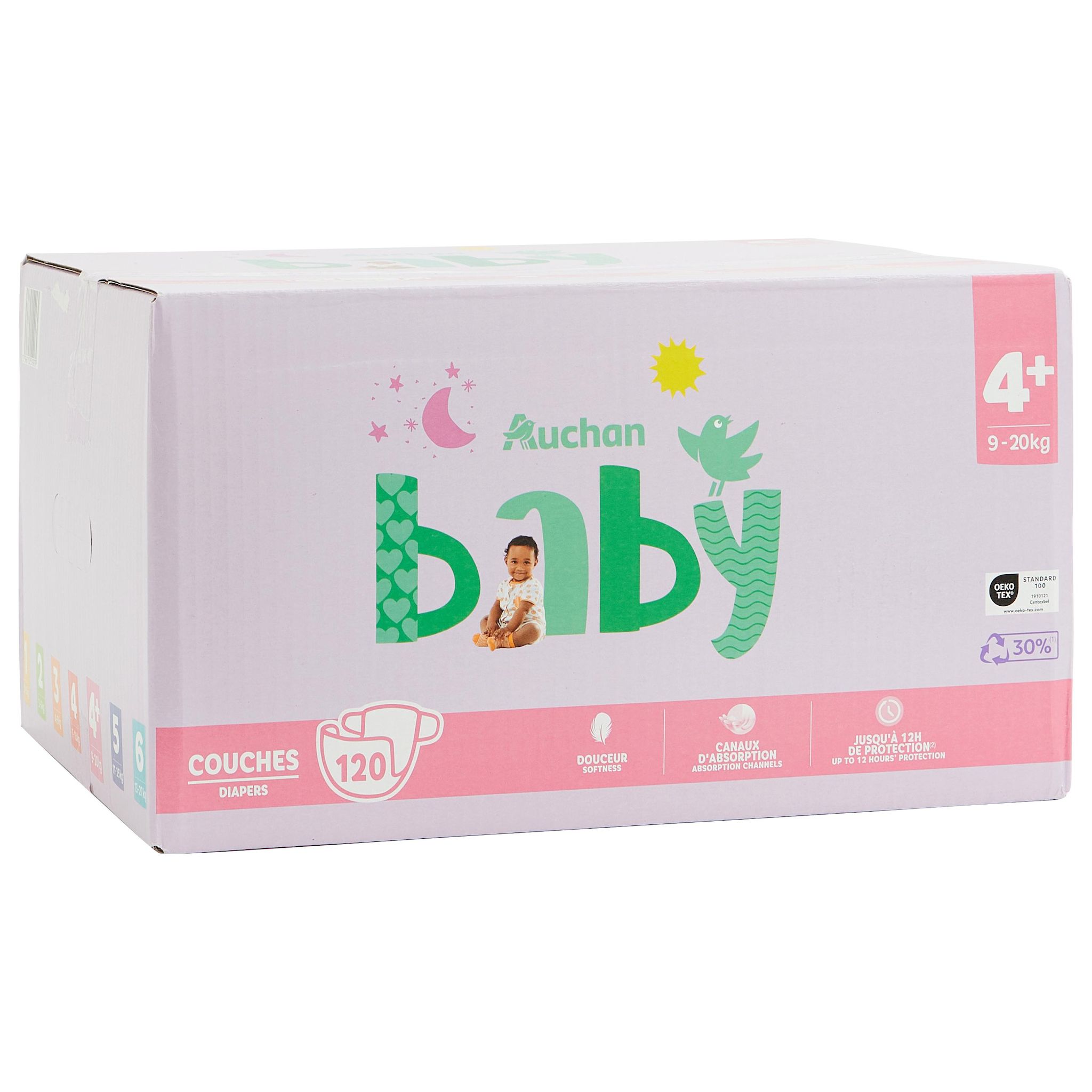 Voir la diapositive 9 : AUCHAN BABY Couches taille 4+ (9-20kg) 120 couches