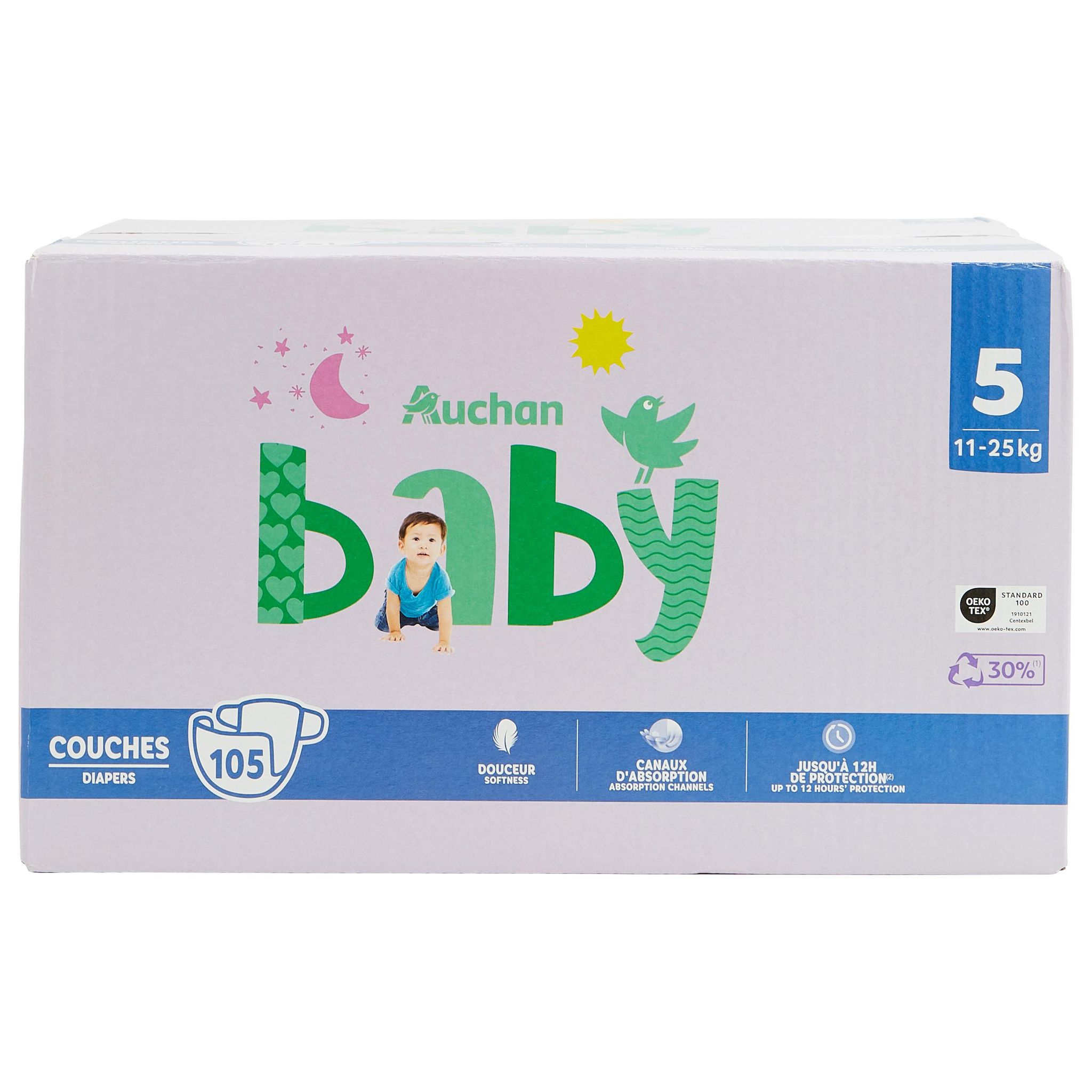Voir la diapositive 8 : AUCHAN BABY Couches taille 5 (11-25kg) 105 couches