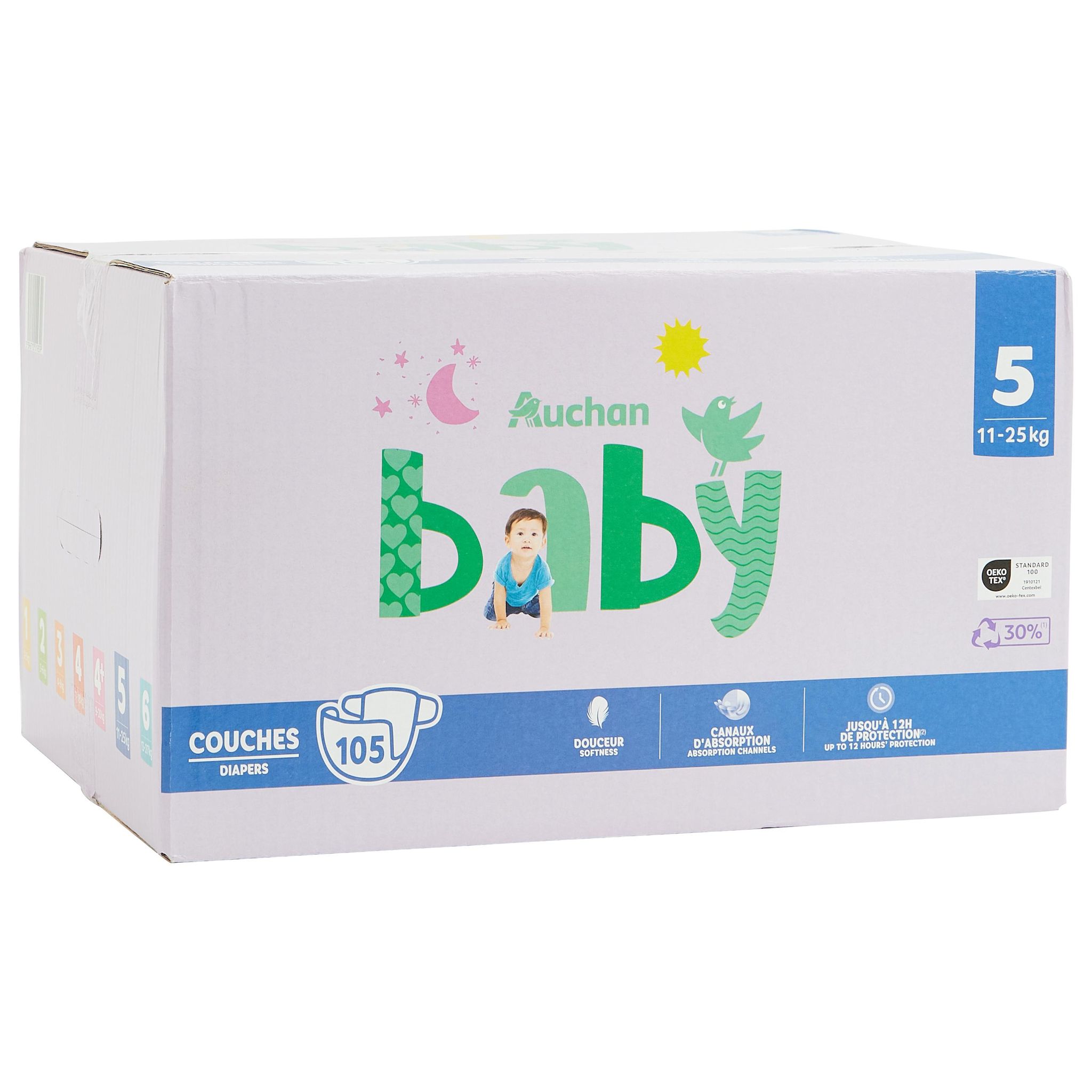 Voir la diapositive 10 : AUCHAN BABY Couches taille 5 (11-25kg) 105 couches