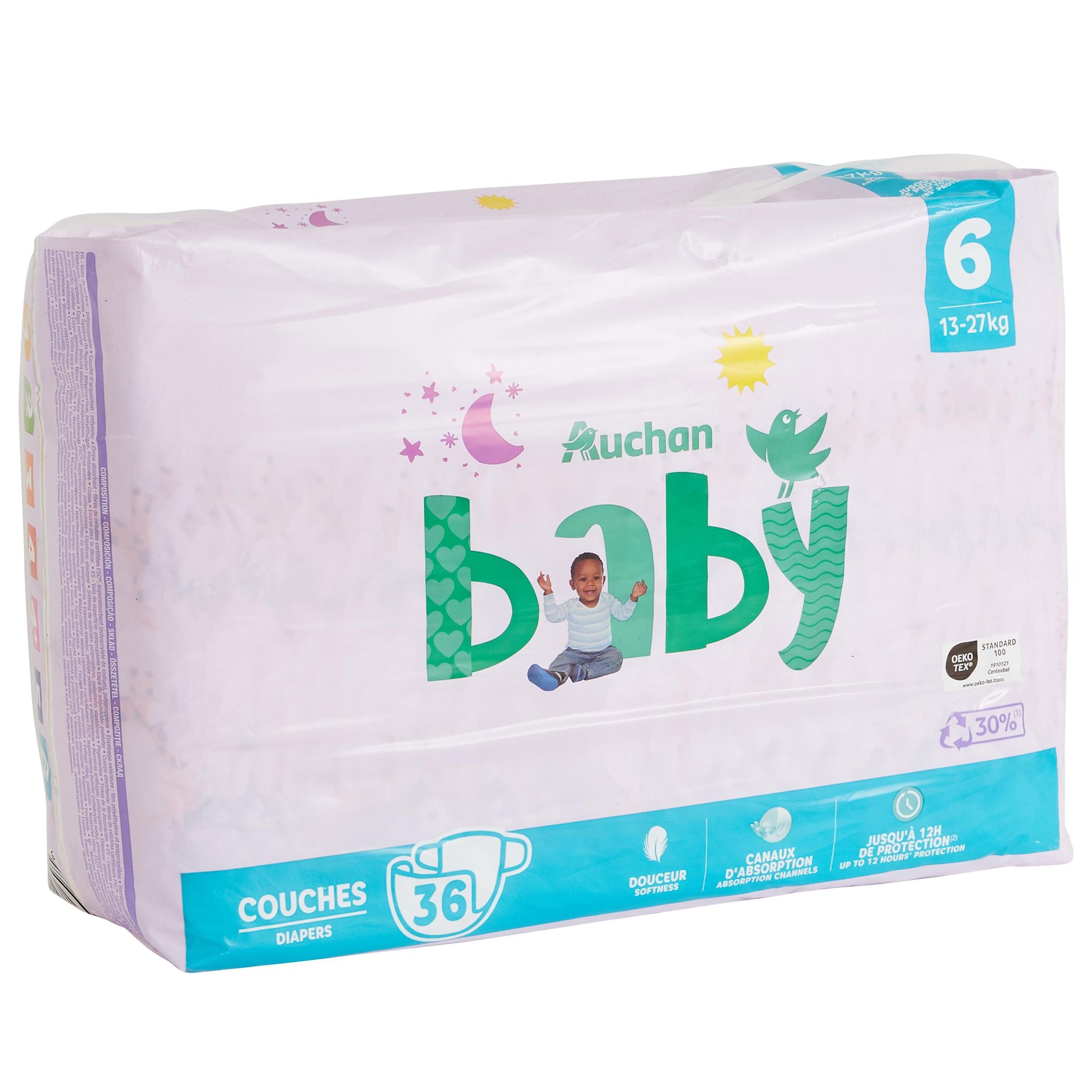 Voir la diapositive 2 : AUCHAN BABY Couche taille 6 (13-27kg) 36 pièces