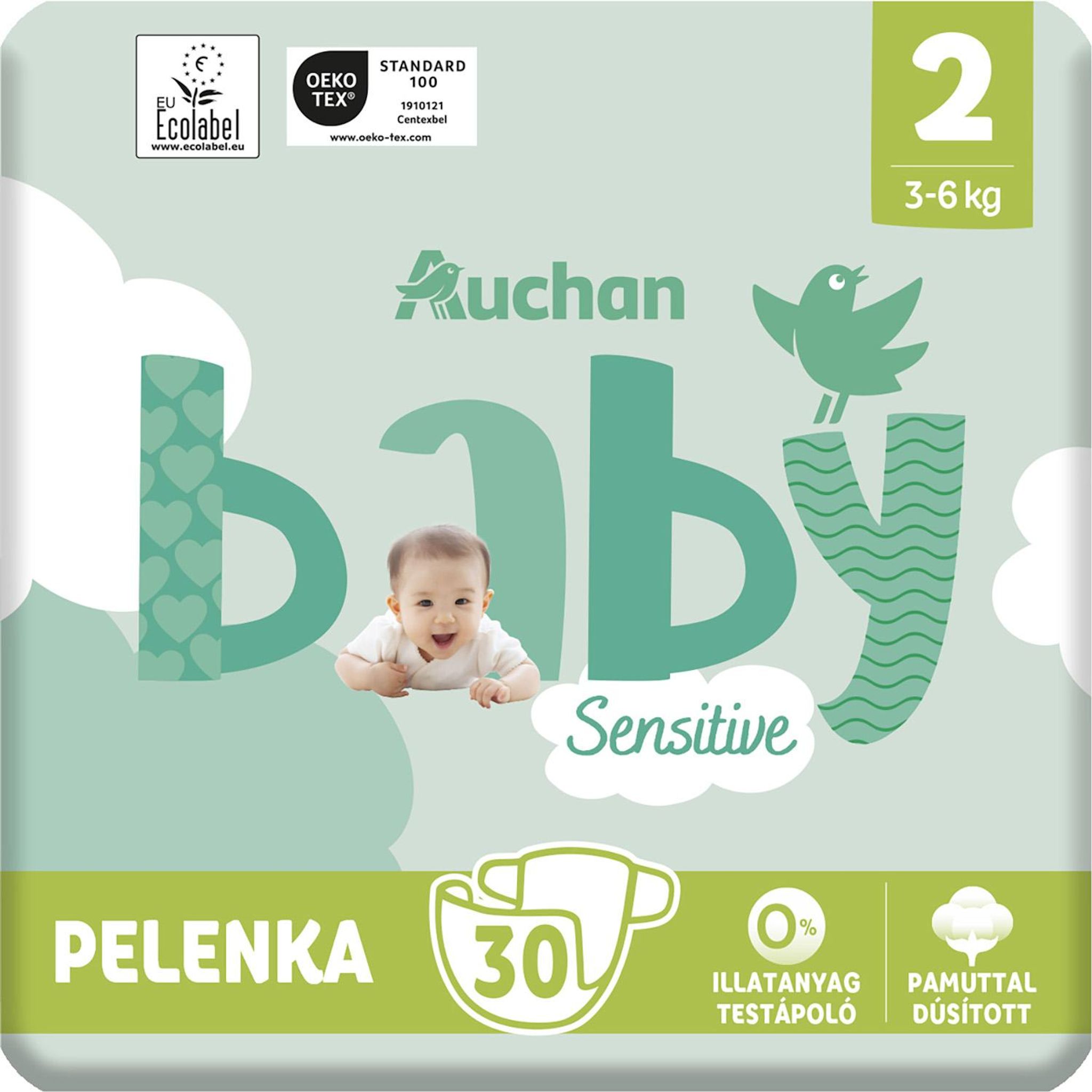 Voir la diapositive 2 : AUCHAN BABY Sensitive Couche taille 2 (3-6kg) 30 pièces