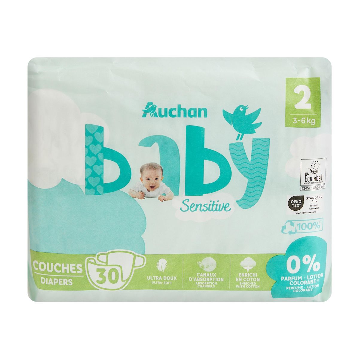 AUCHAN BABY Sensitive Couche taille 2 (3-6kg) 30 pièces