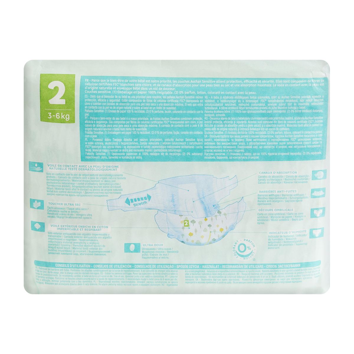 AUCHAN BABY Sensitive Couche taille 2 (3-6kg) 30 pièces