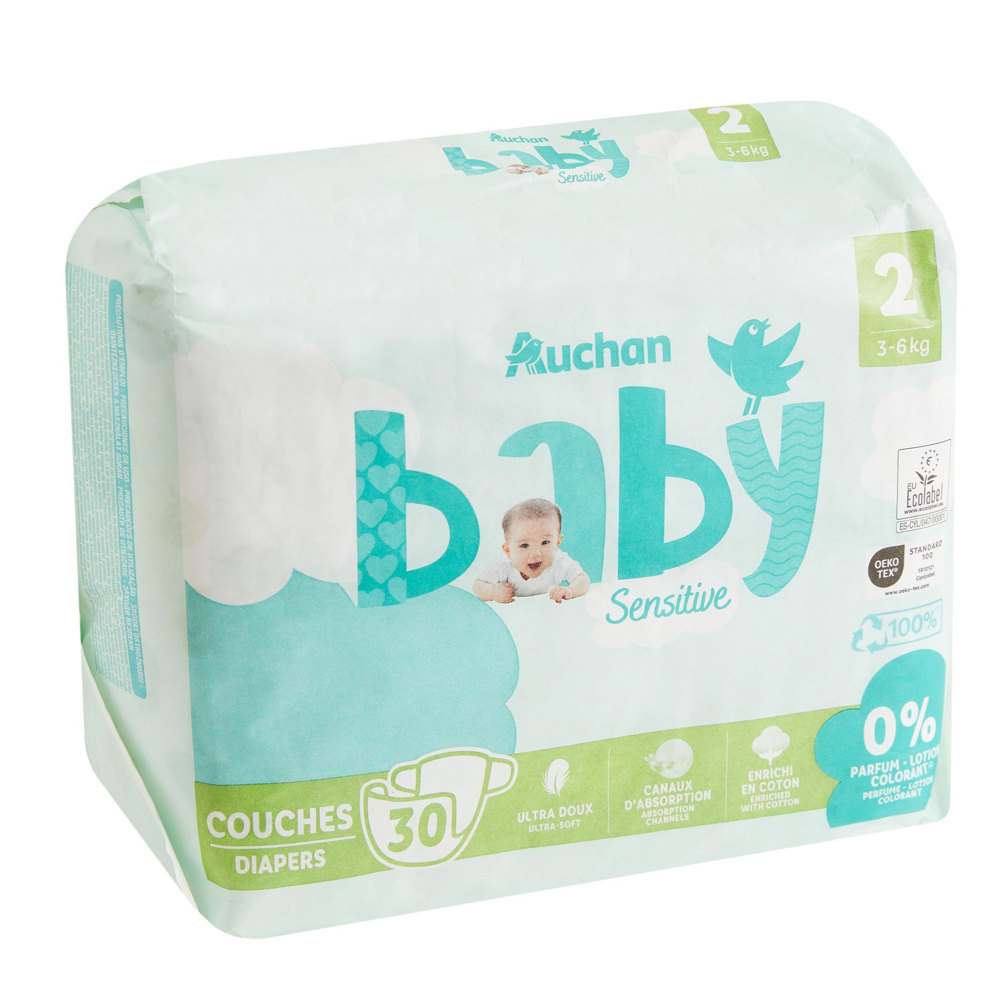 Voir la diapositive 4 : AUCHAN BABY Sensitive Couche taille 2 (3-6kg) 30 pièces