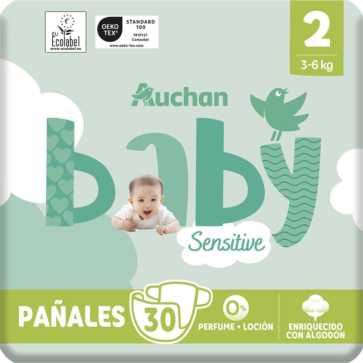 AUCHAN BABY Sensitive Couche taille 2 (3-6kg) 30 pièces