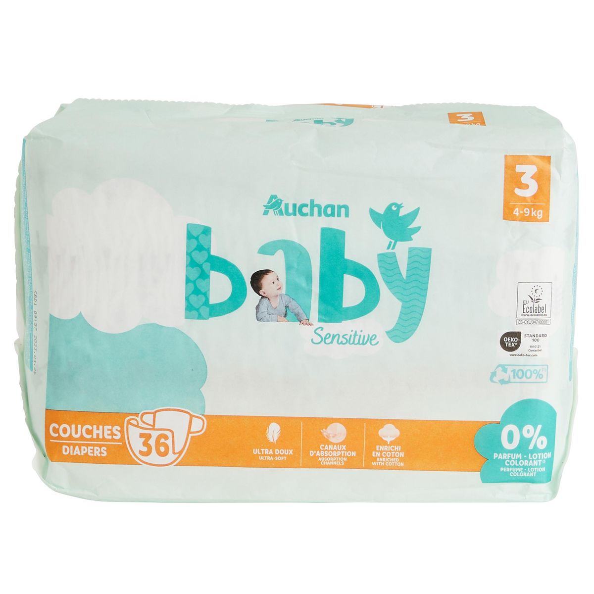 AUCHAN BABY Sensitive Couche taille 3 (4-9kg) 36 pièces