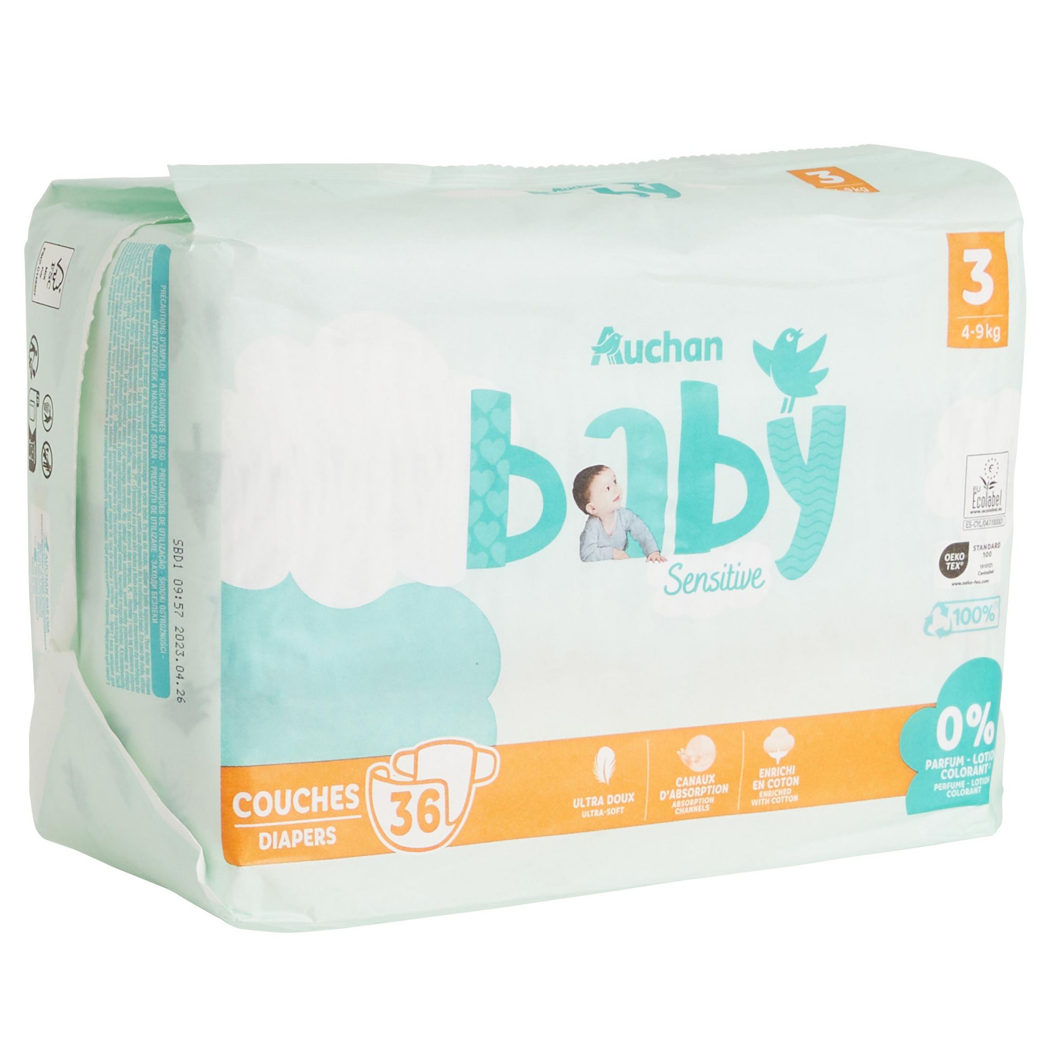 Voir la diapositive 10 : AUCHAN BABY Sensitive Couche taille 3 (4-9kg) 36 pièces