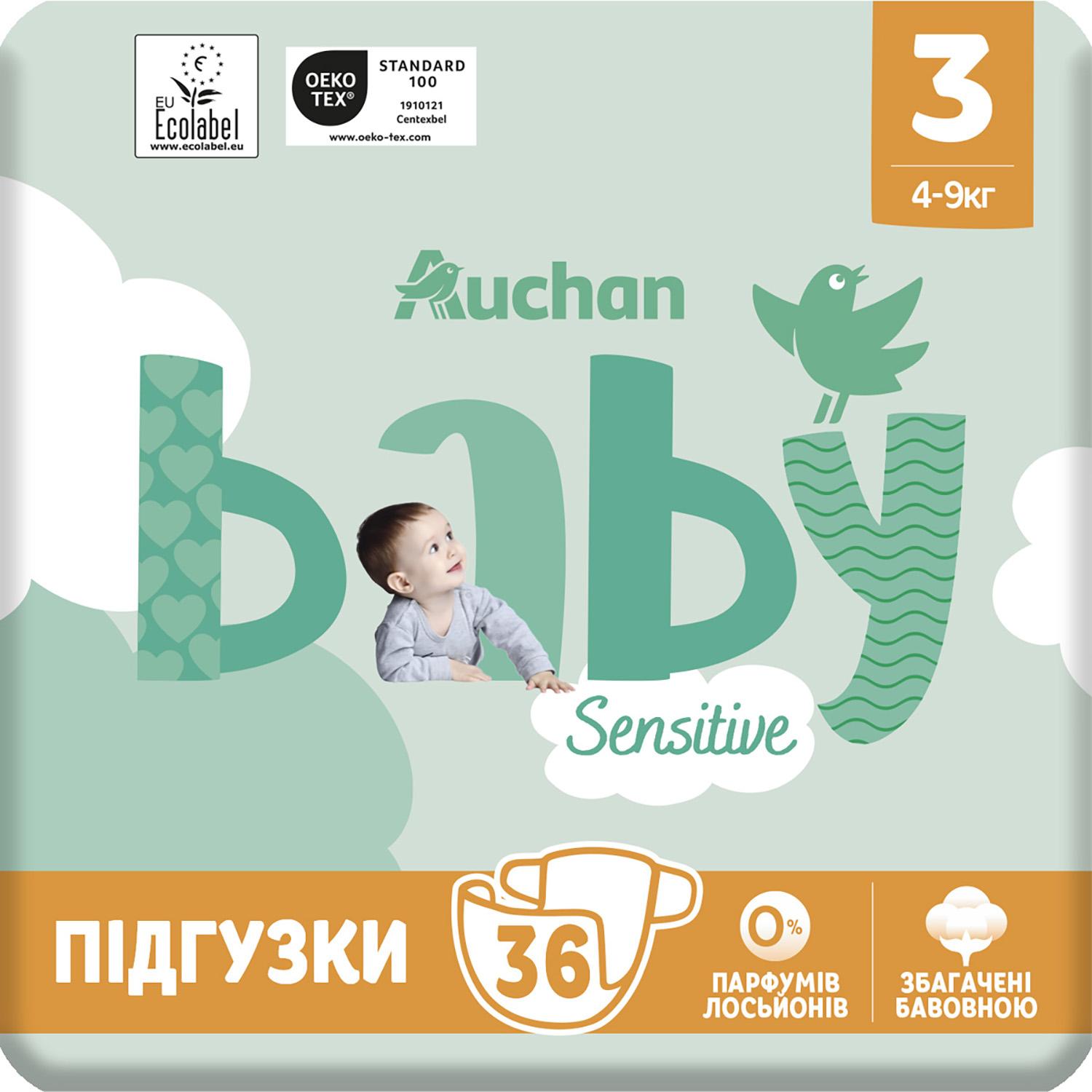 Voir la diapositive 9 : AUCHAN BABY Sensitive Couche taille 3 (4-9kg) 36 pièces