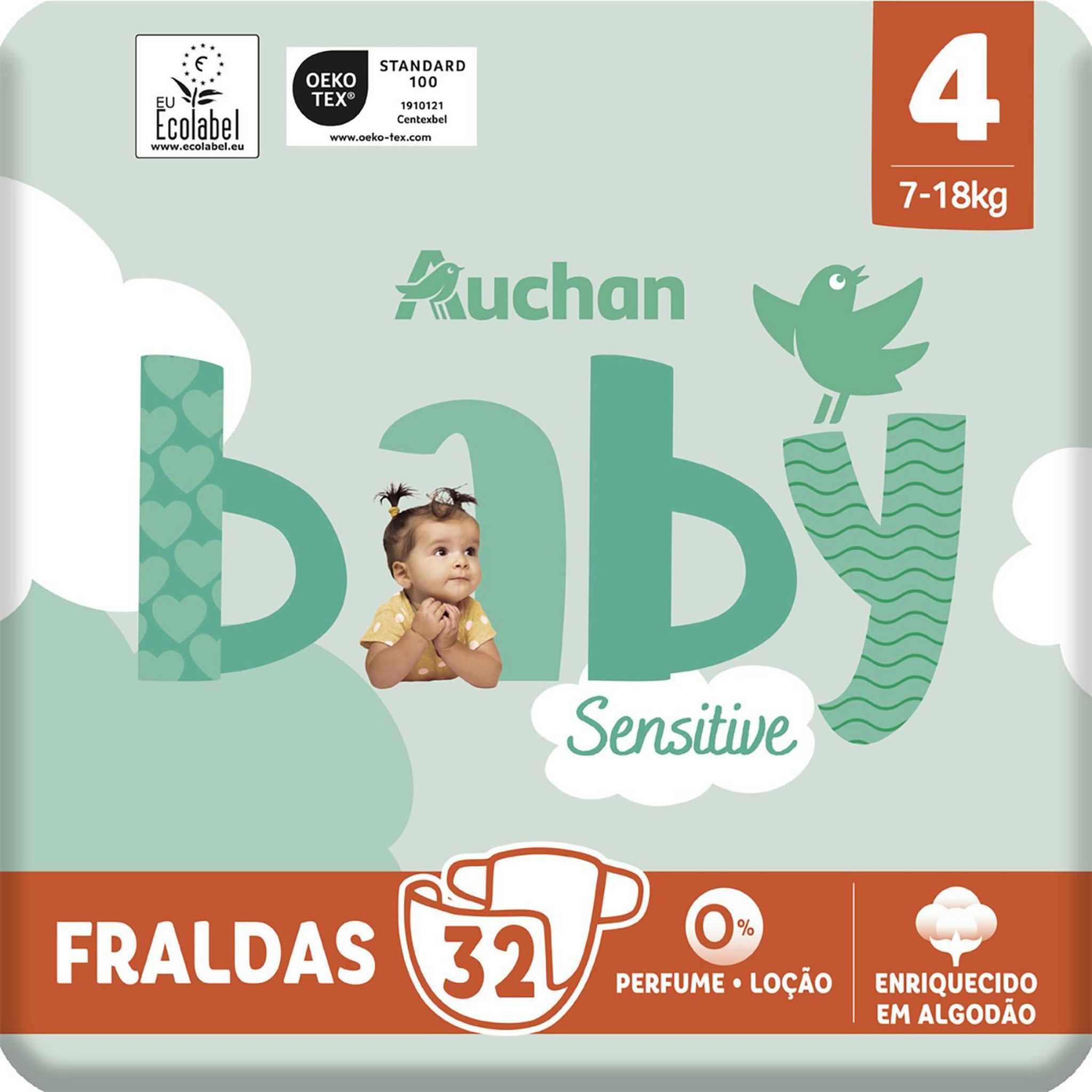Voir la diapositive 4 : AUCHAN BABY Sensitive Couche taille 4 (7-18kg) 32 pièces