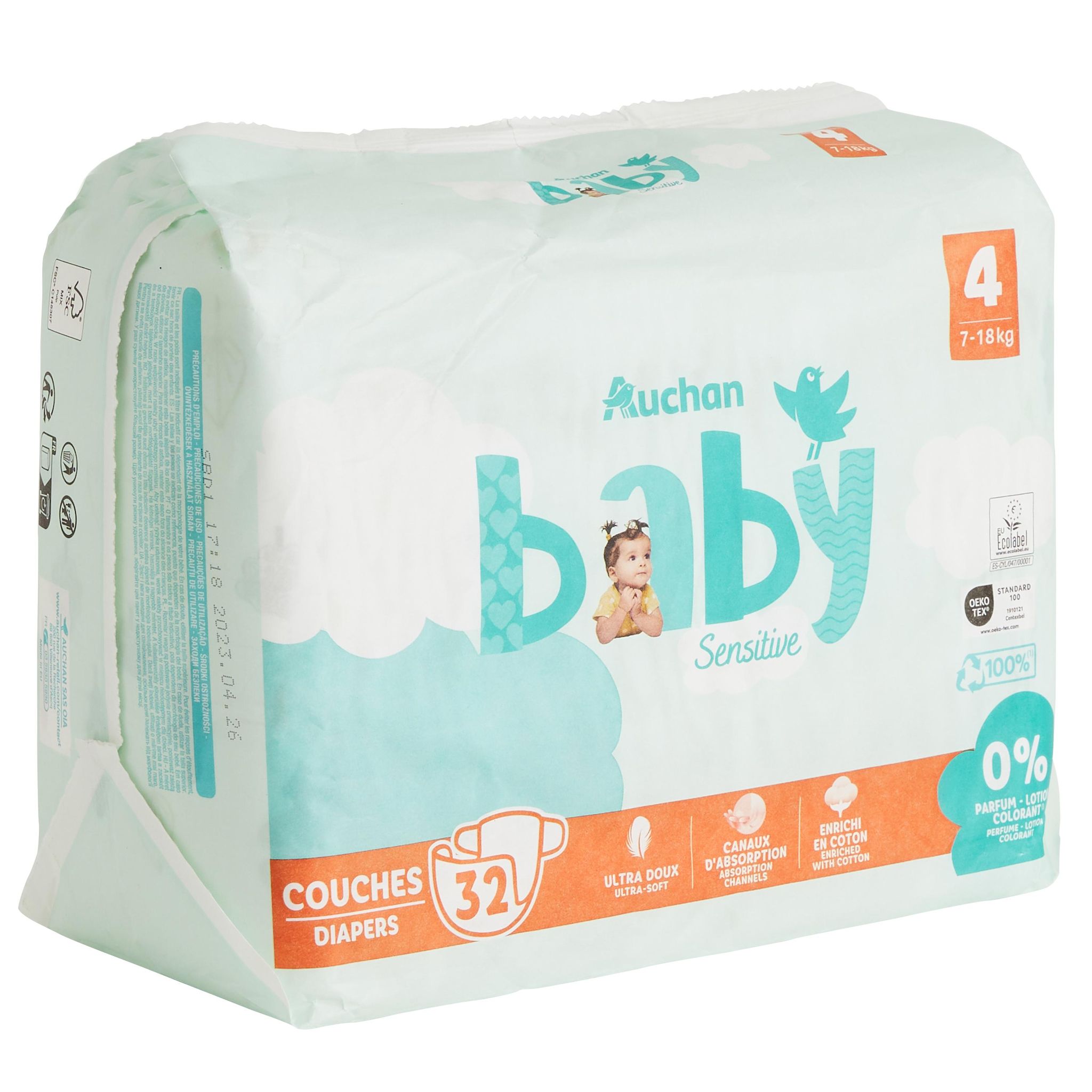 Voir la diapositive 10 : AUCHAN BABY Sensitive Couche taille 4 (7-18kg) 32 pièces
