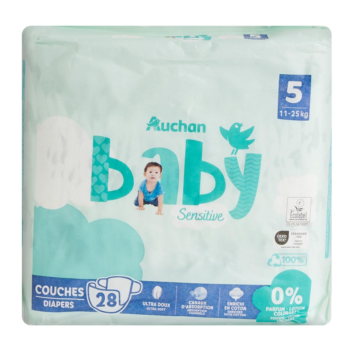AUCHAN BABY Sensitive Couches taille 5 (11-25kg) 28 pièces
