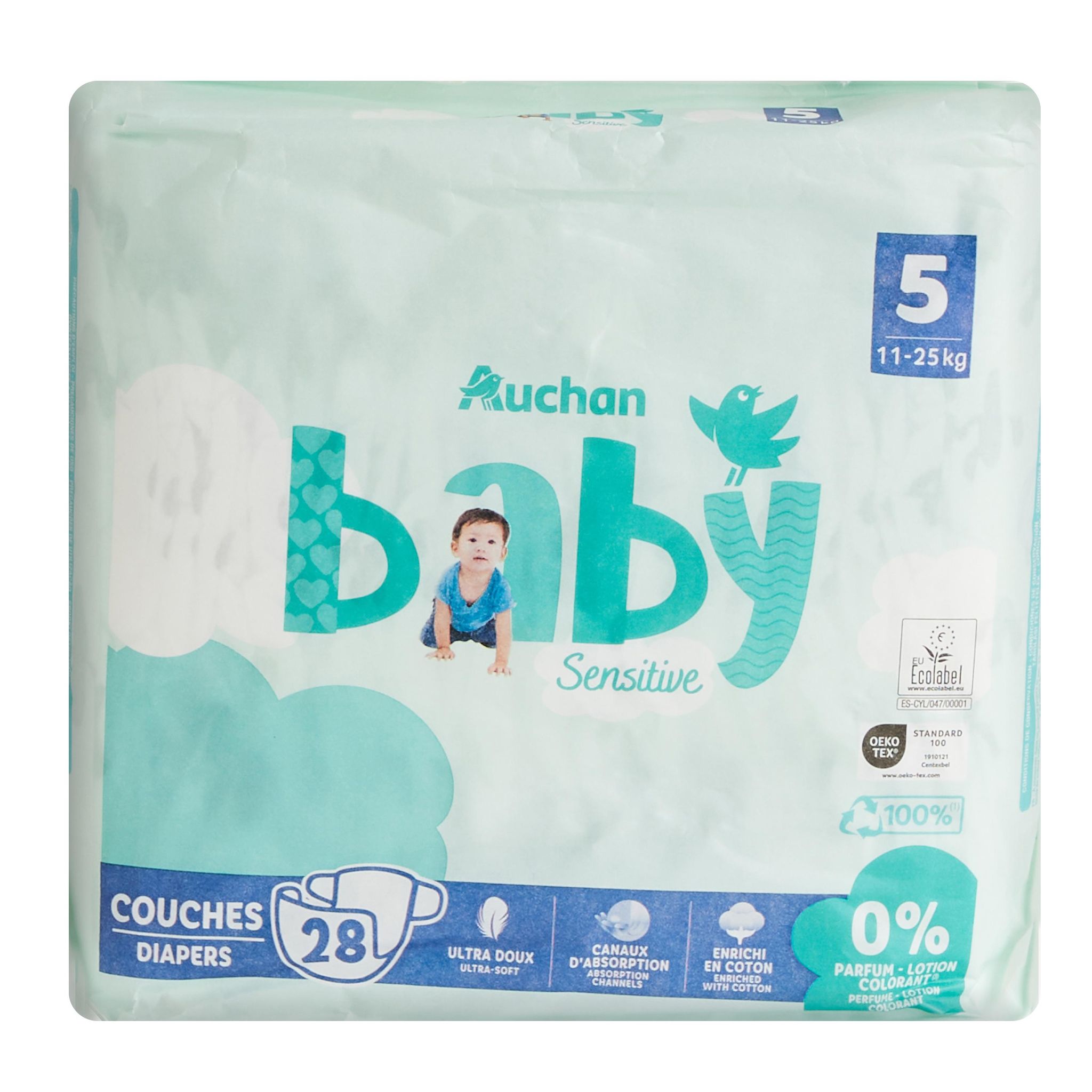 Voir la diapositive 3 : AUCHAN BABY Sensitive Couches taille 5 (11-25kg) 28 pièces