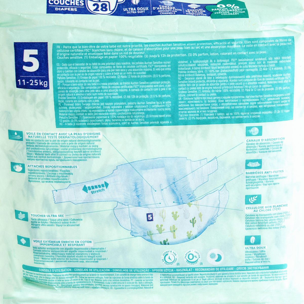 AUCHAN BABY Sensitive Couches taille 5 (11-25kg) 28 pièces