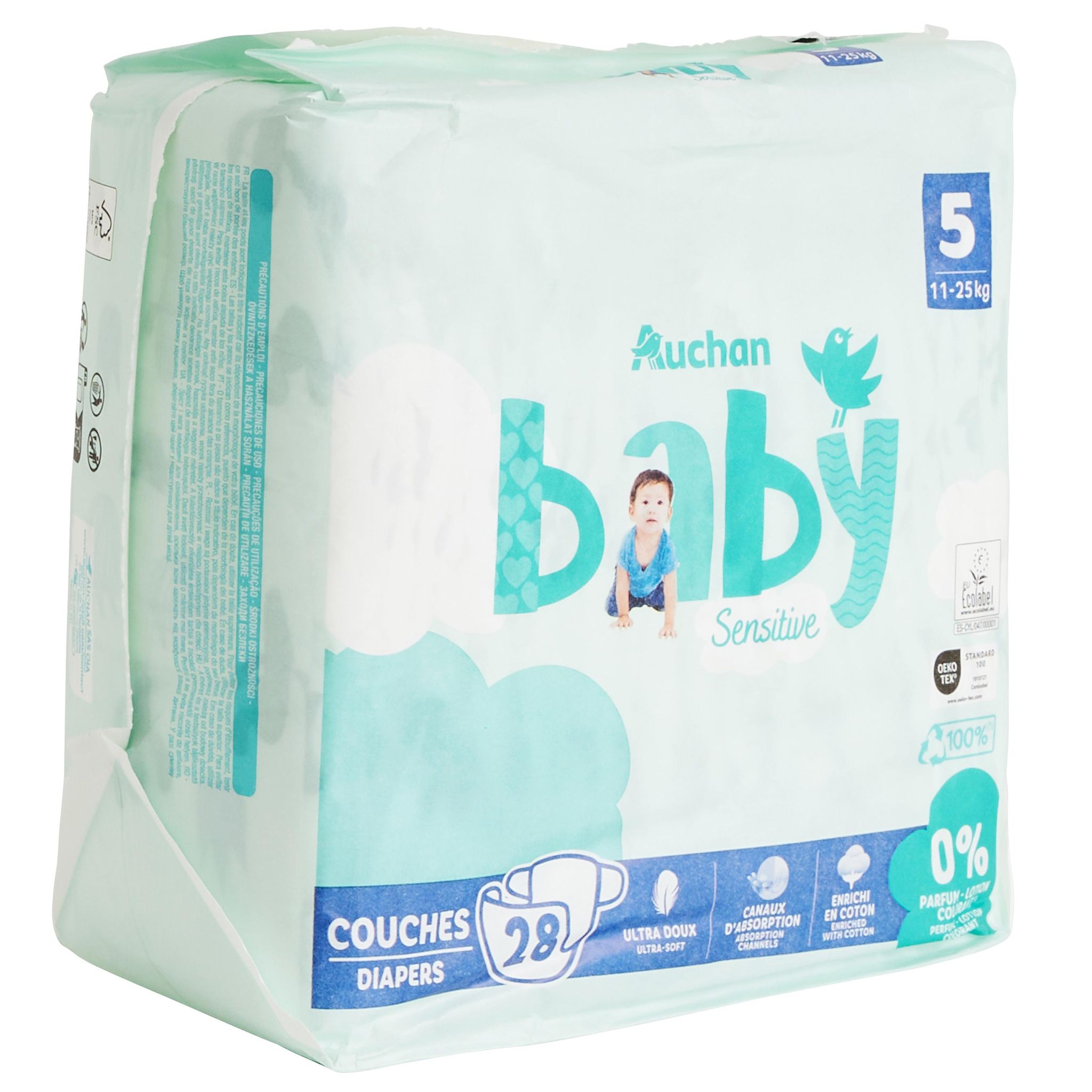 Voir la diapositive 8 : AUCHAN BABY Sensitive Couches taille 5 (11-25kg) 28 pièces