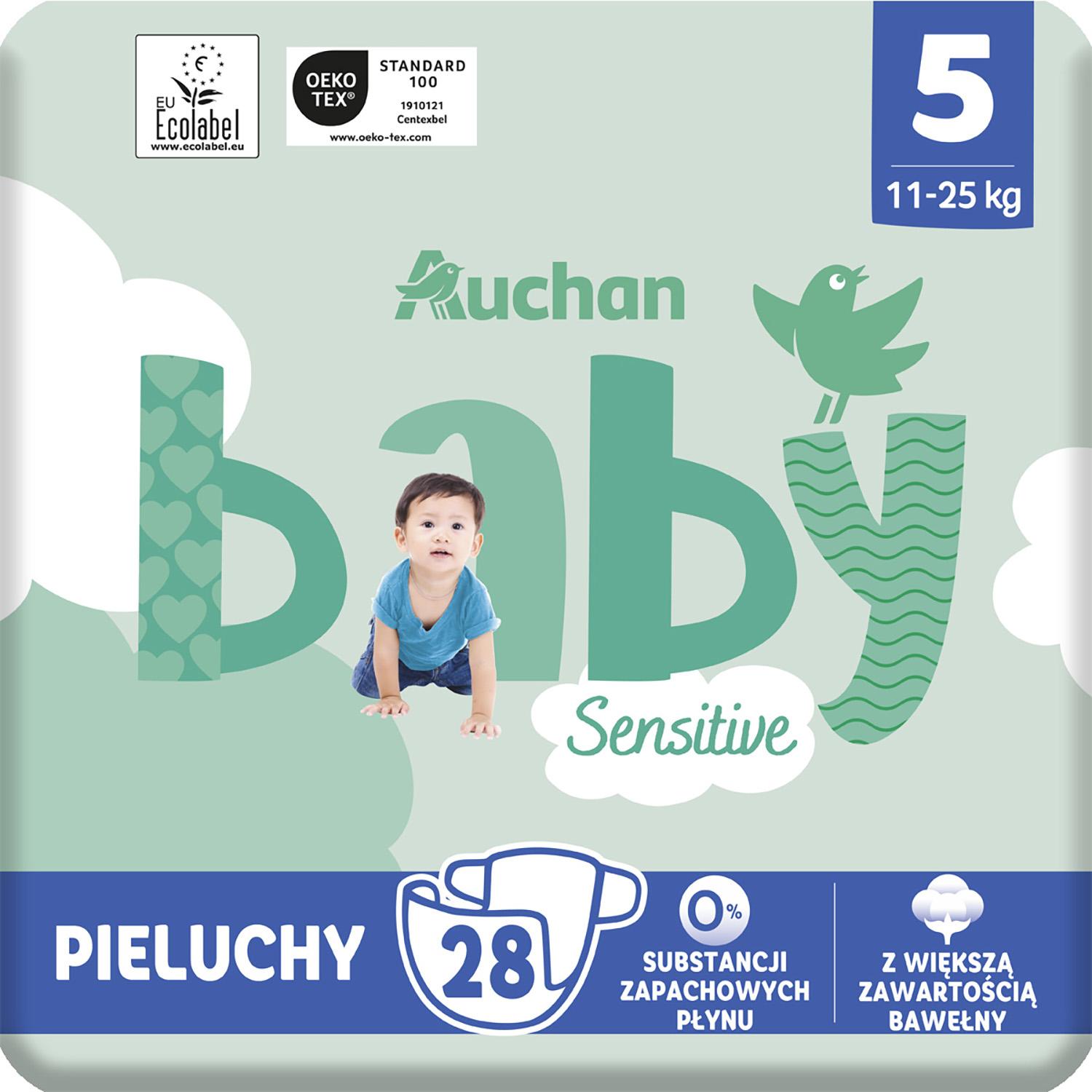 Voir la diapositive 8 : AUCHAN BABY Sensitive Couches taille 5 (11-25kg) 28 pièces