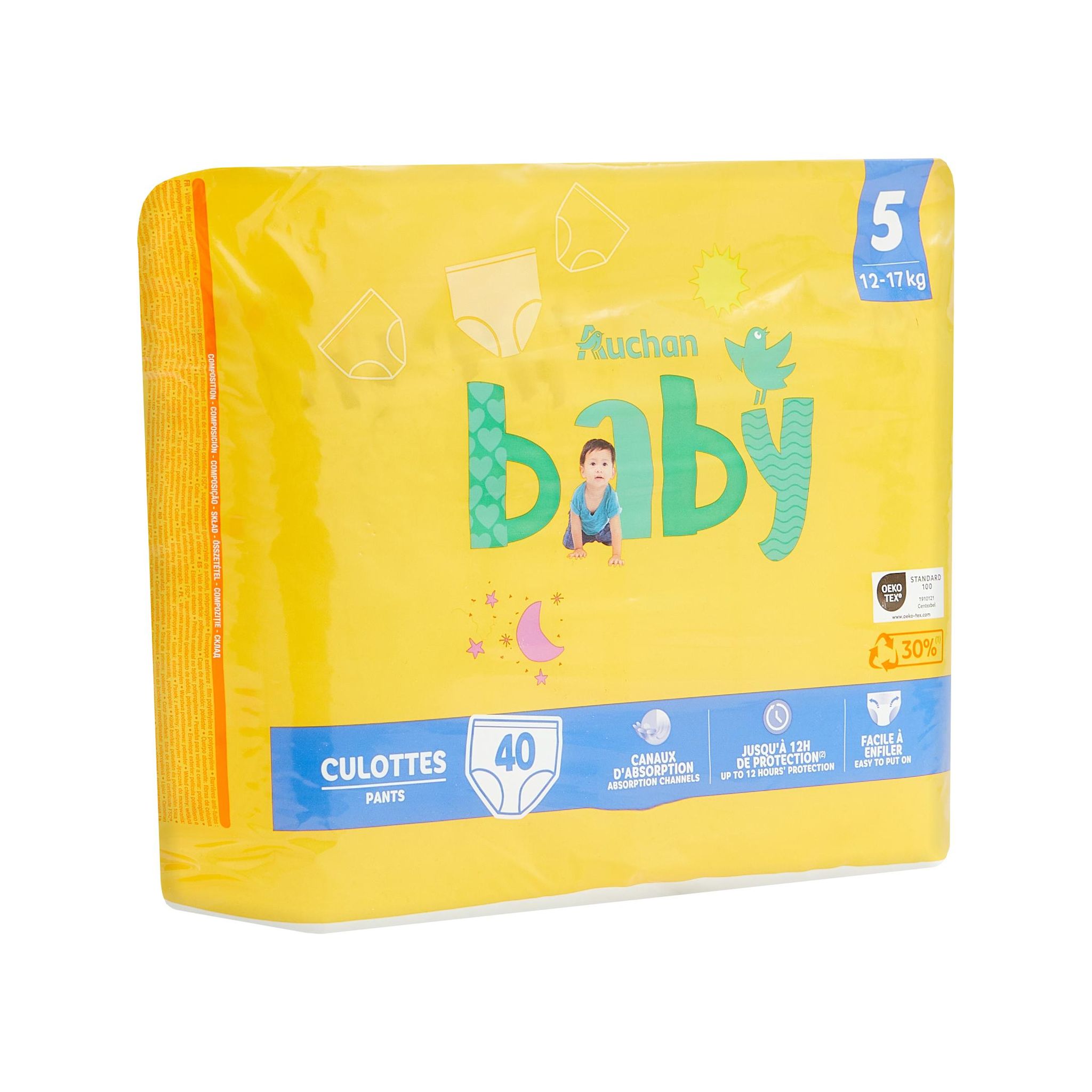 Voir la diapositive 5 : AUCHAN BABY Culotte pour bébé taille 5 (12-17kg) 40 pièces