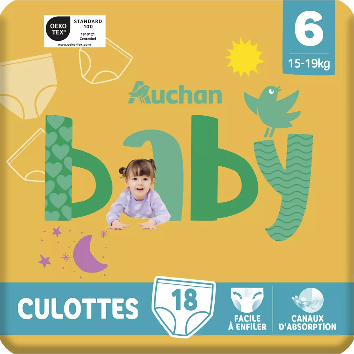 AUCHAN BABY Culotte pour bébé taille 6 (15-19kg) 18 pièces pas cher 