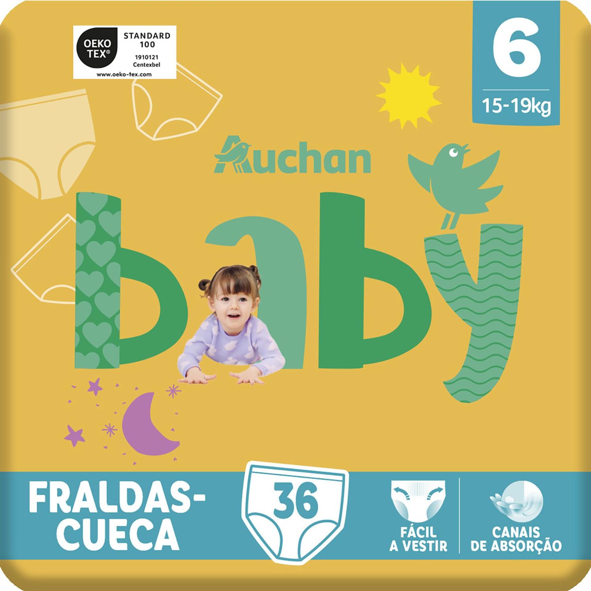 Voir la diapositive 2 : AUCHAN BABY Culotte pour bébé taille 6 (15-19kg) 36 pièces