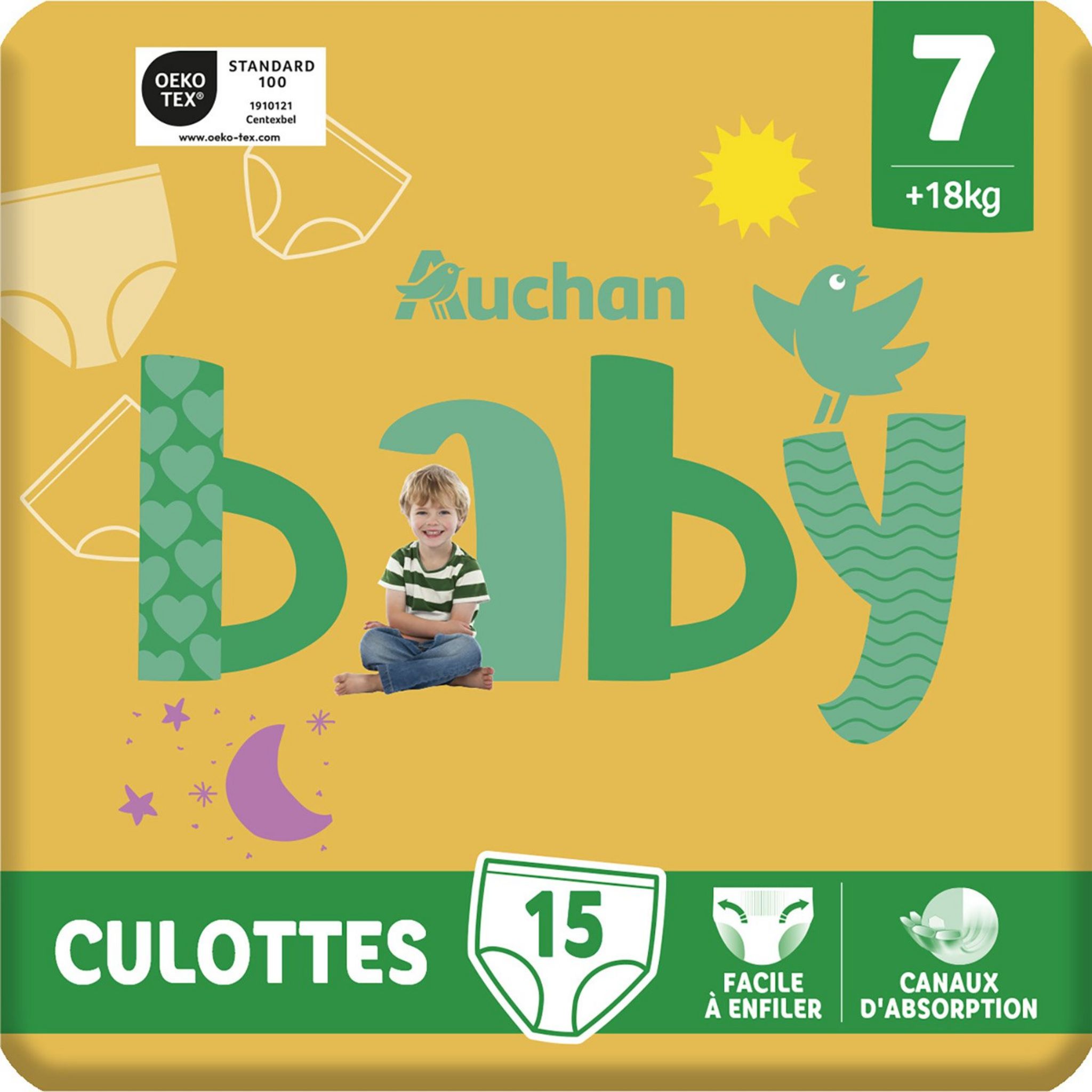 Voir la diapositive 2 : AUCHAN BABY Culotte pour bébé taille 7 (+18kg) 15 pièces