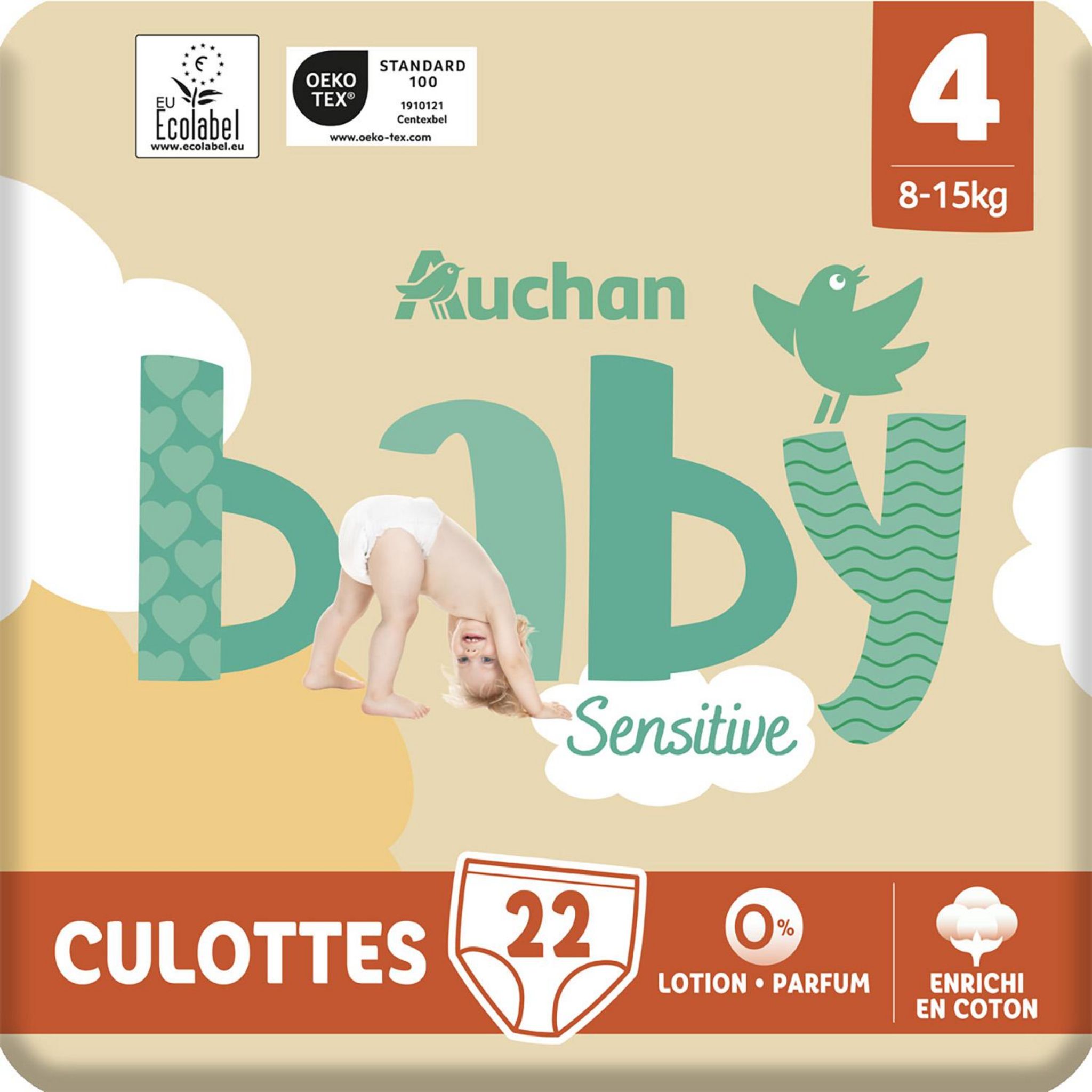 Voir la diapositive 3 : AUCHAN BABY Sensitive Culotte pour bébé taille 4 (8-15kg) 22 pièces