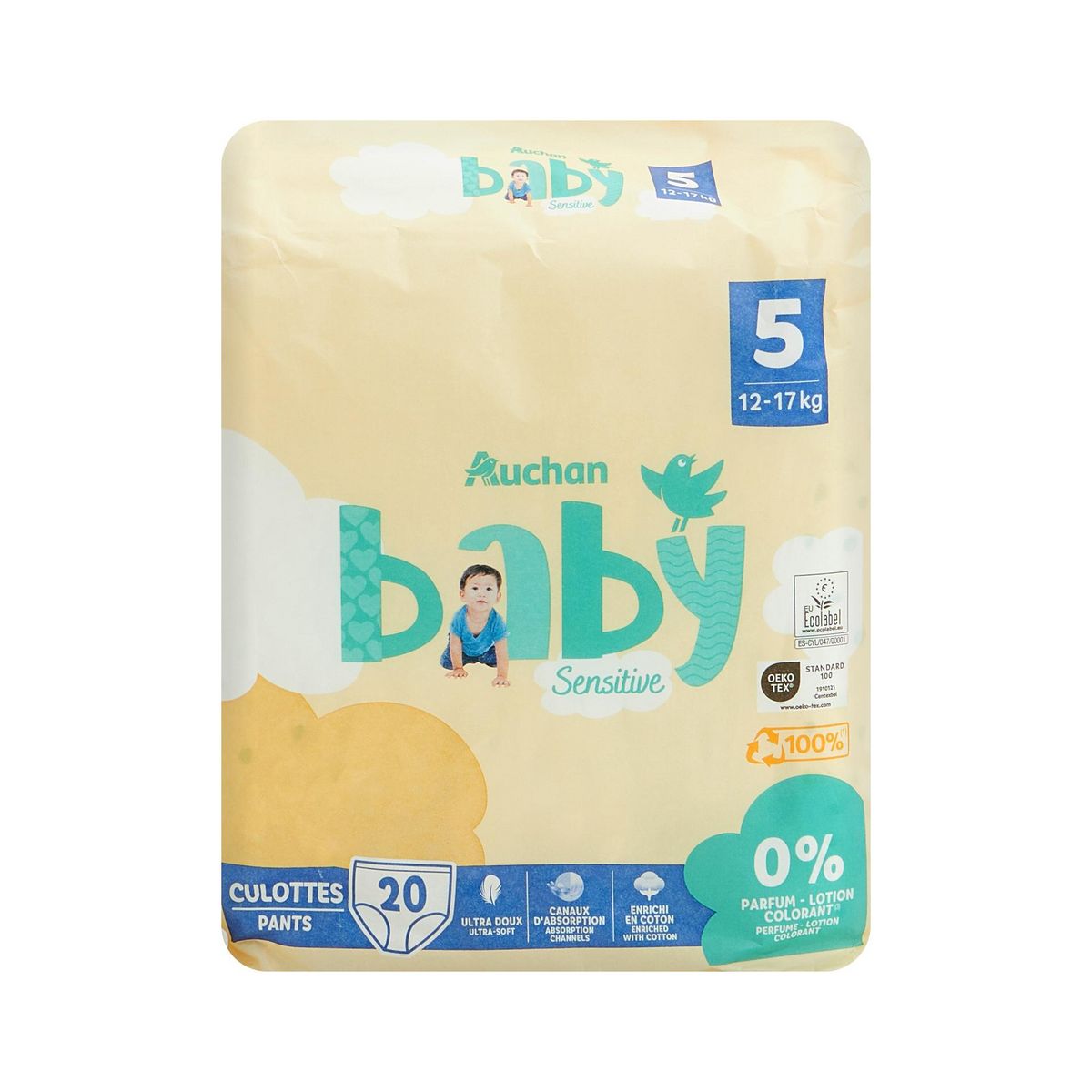 AUCHAN BABY Sensitive Culotte pour bébé taille 5 (12-17kg) 20 pièces
