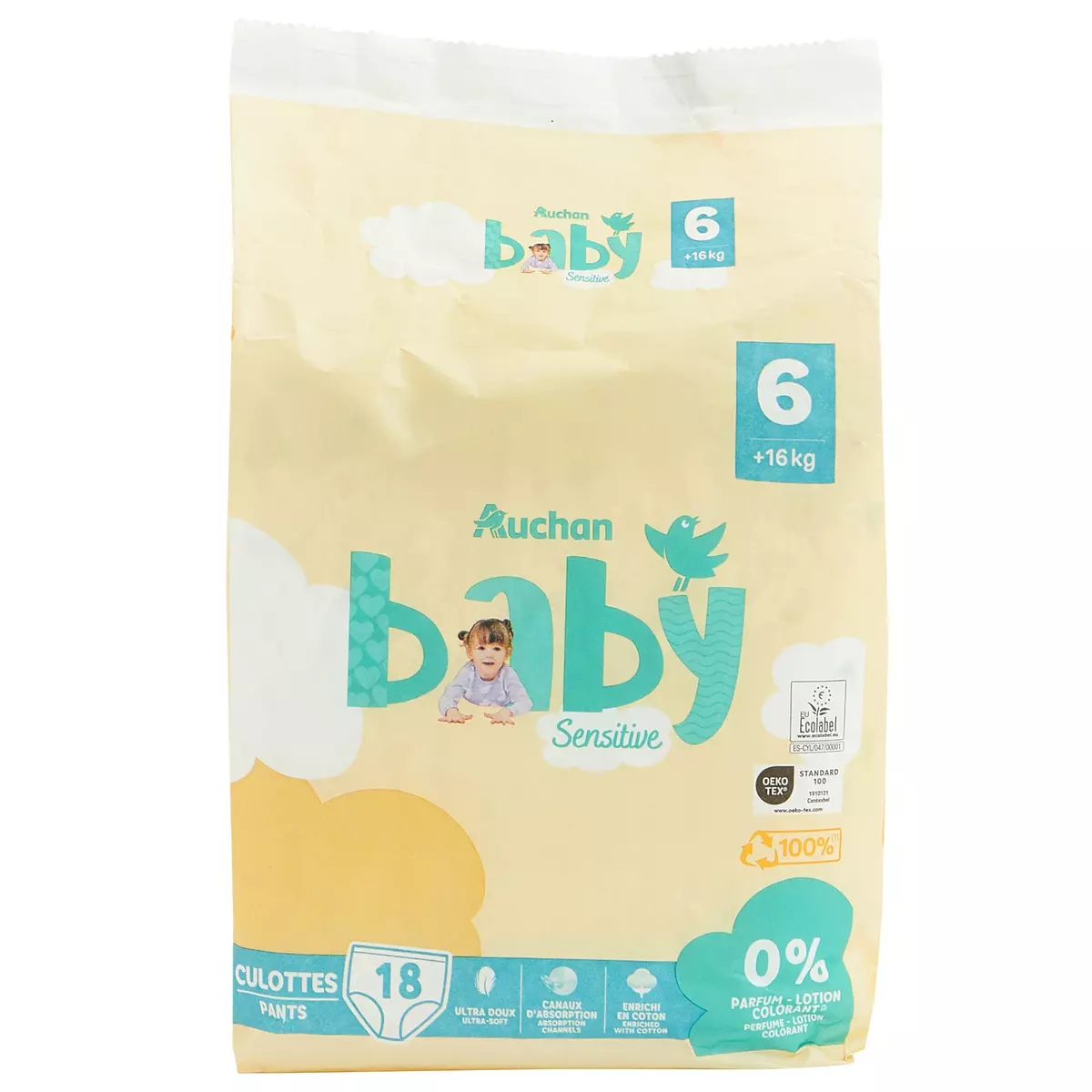 AUCHAN BABY Sensitive Culottes pour bébé taille 6 (+16kg) 18 pièces