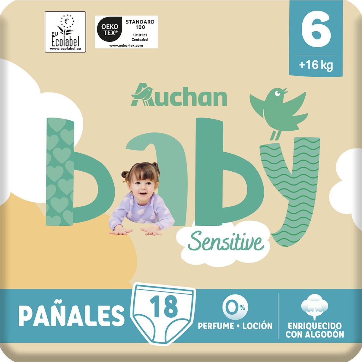 AUCHAN BABY Sensitive Culottes pour bébé taille 6 (+16kg) 18 pièces