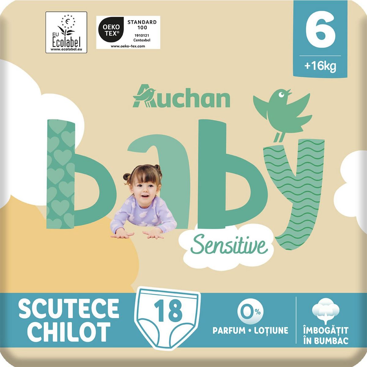 AUCHAN BABY Sensitive Culottes pour bébé taille 6 (+16kg) 18 pièces
