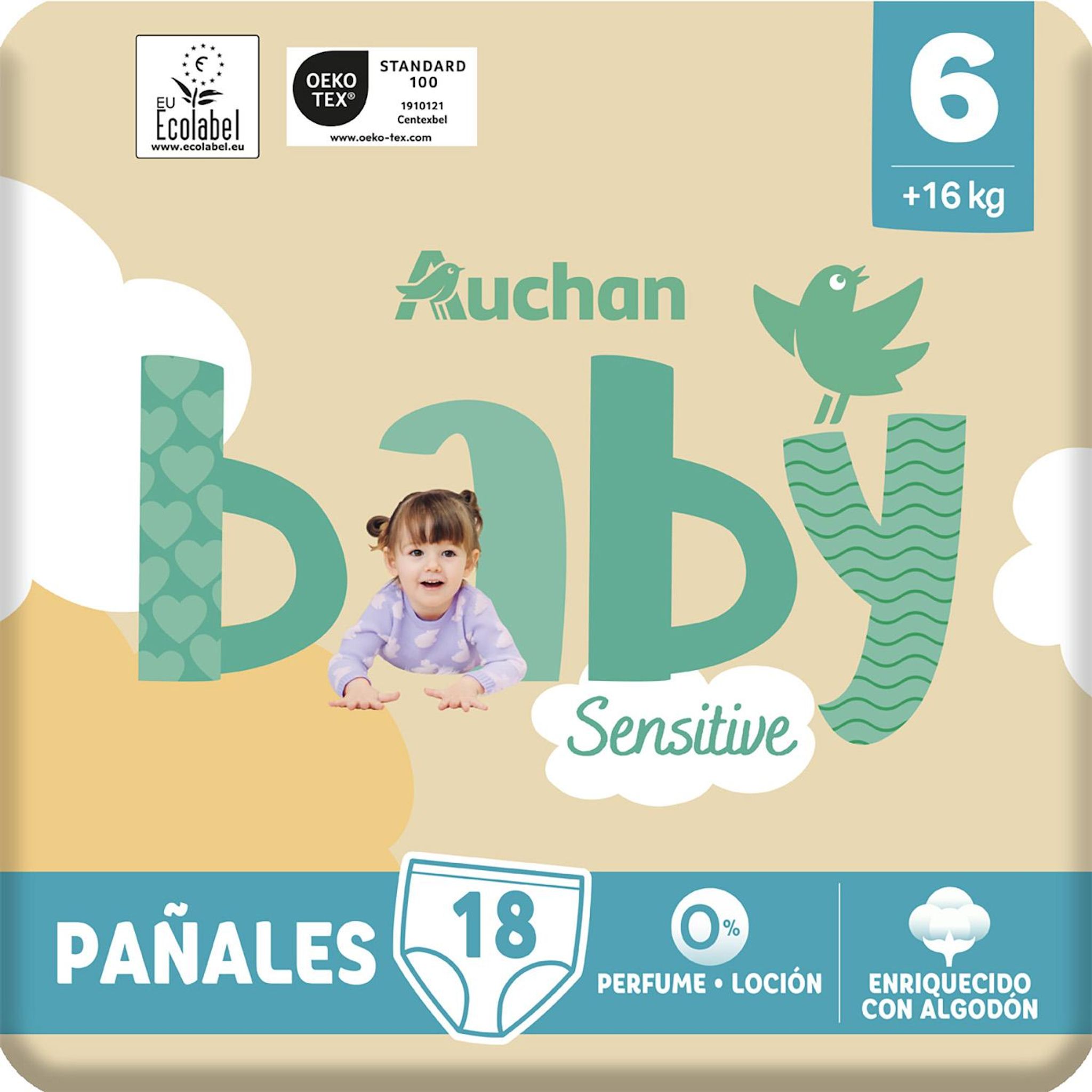 Voir la diapositive 7 : AUCHAN BABY Sensitive Culottes pour bébé taille 6 (+16kg) 18 pièces