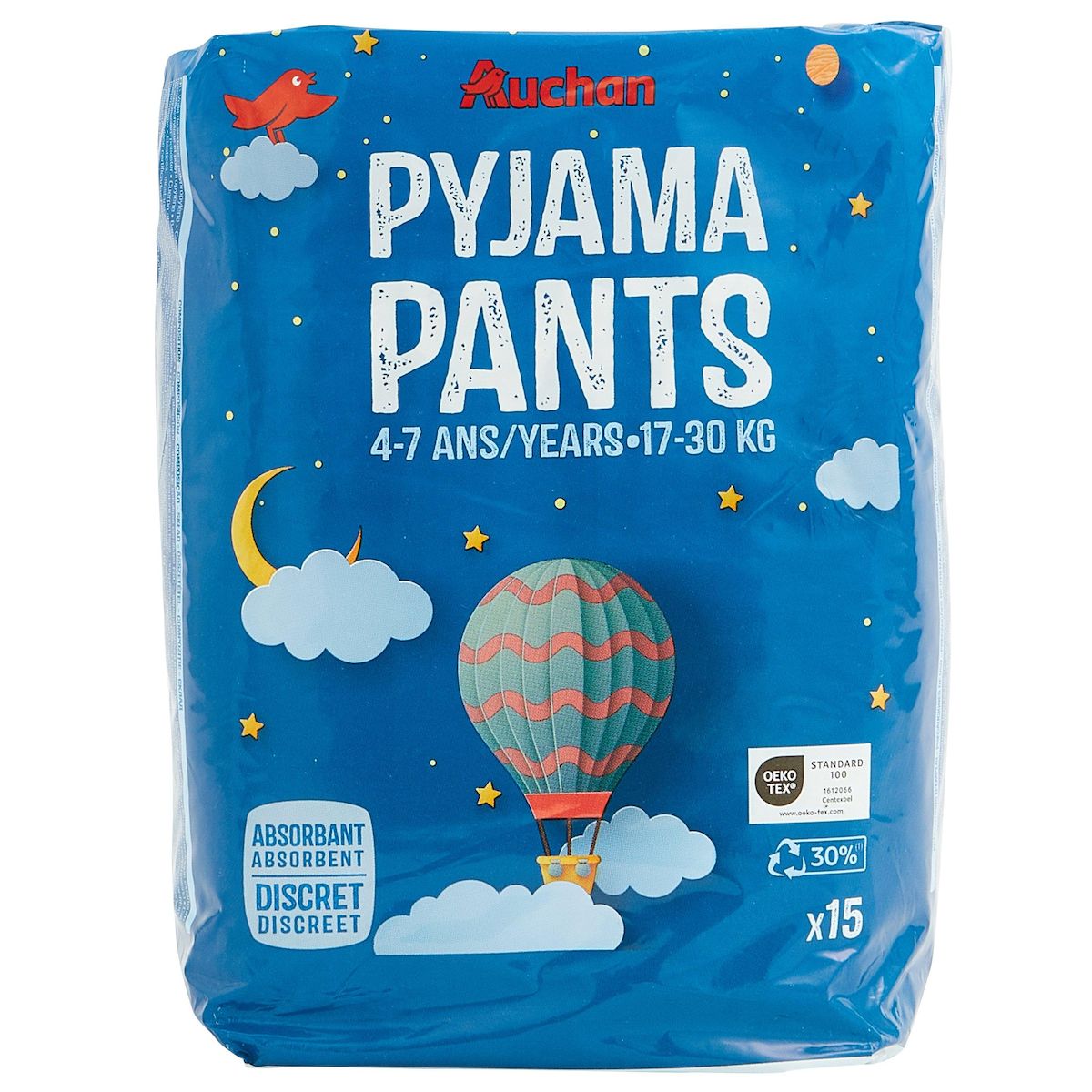 AUCHAN Couches culottes pyjama pants 4-7 ans (17-30kg) 15 couches