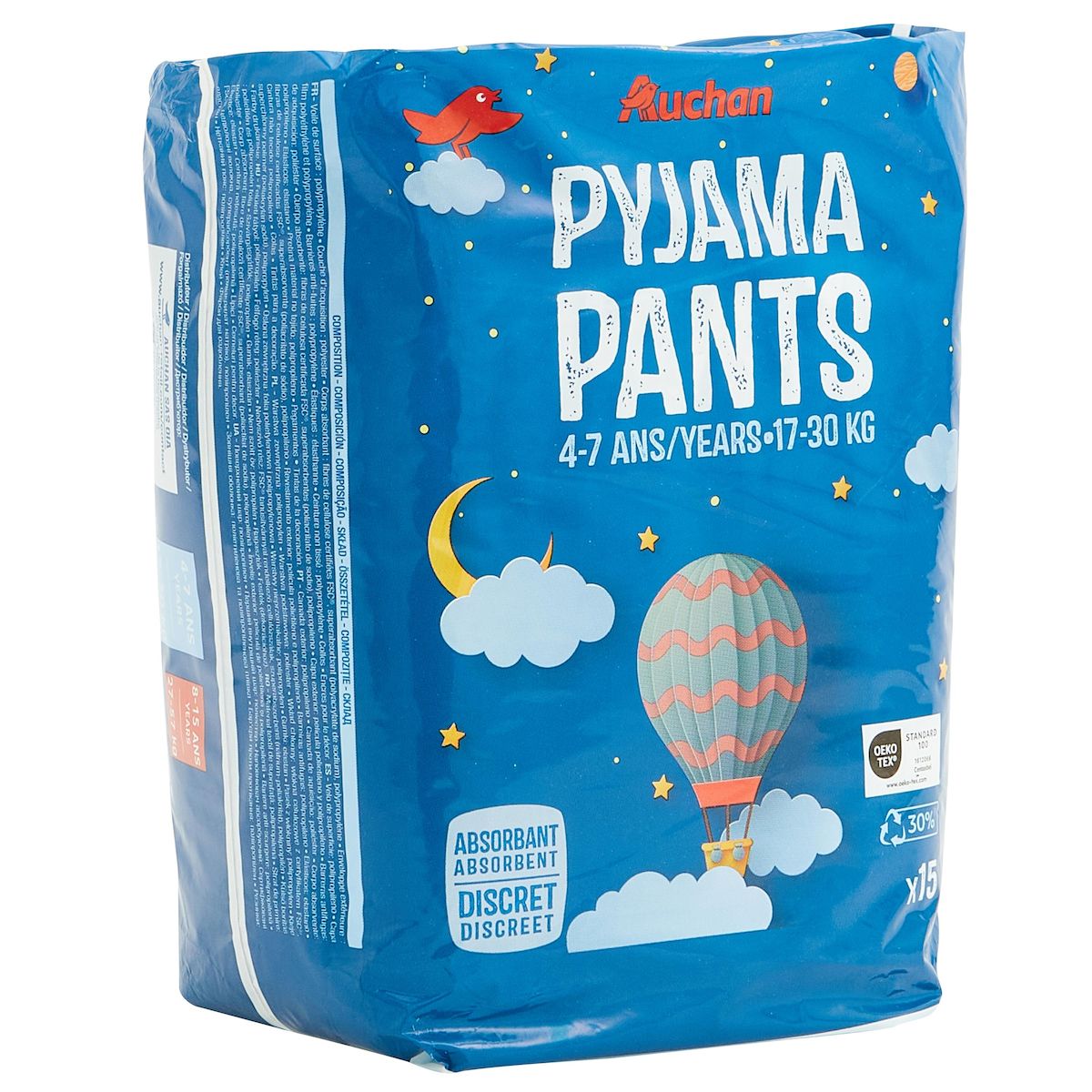 AUCHAN Couches culottes pyjama pants 4-7 ans (17-30kg) 15 couches