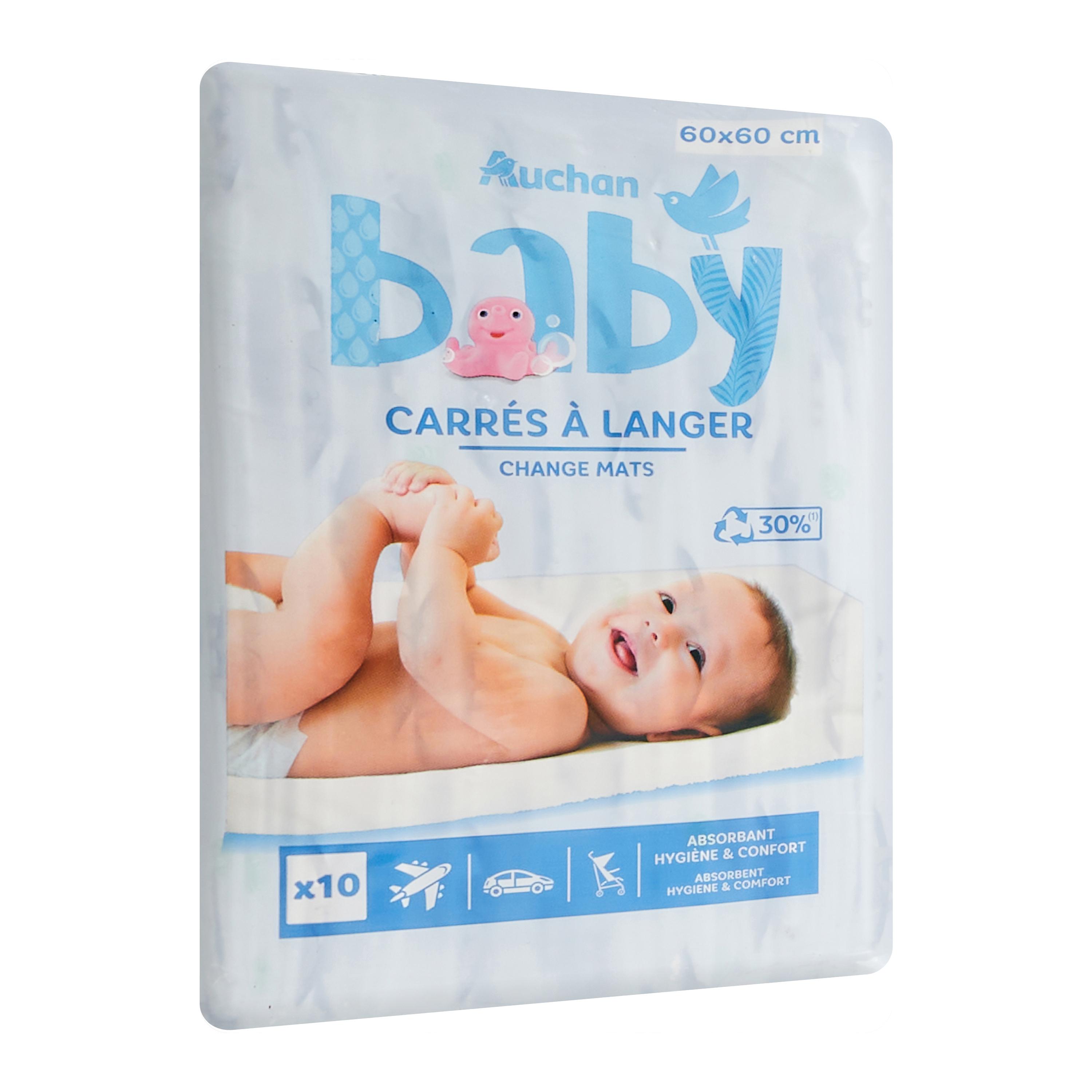 Voir la diapositive 2 : AUCHAN BABY Carrés à langer absorbants 60x60cm 10 pièces