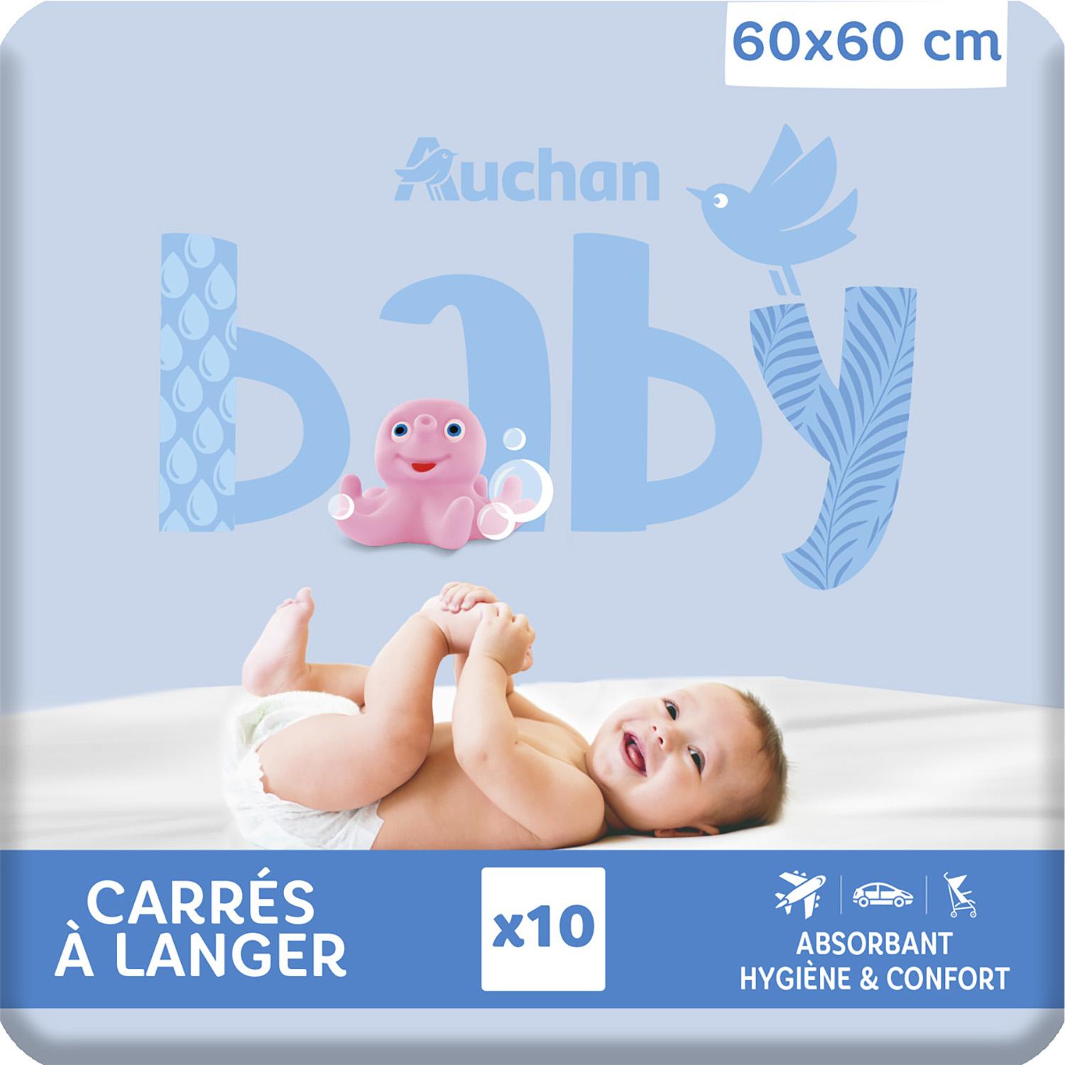 Voir la diapositive 5 : AUCHAN BABY Carrés à langer absorbants 60x60cm 10 pièces