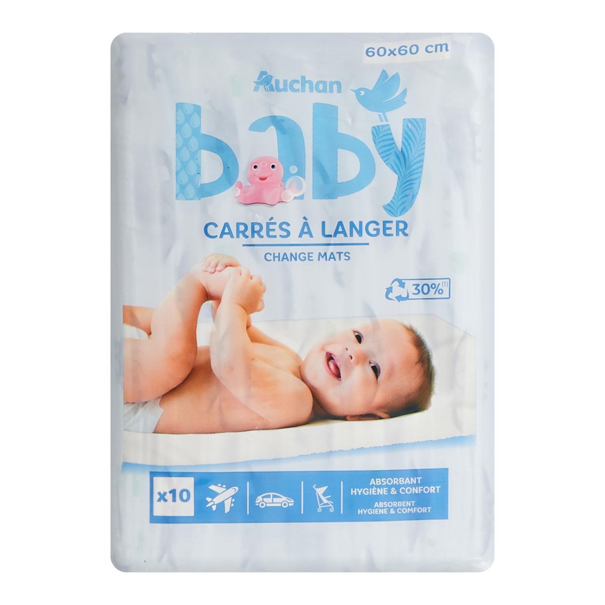 AUCHAN BABY Carrés à langer absorbants 60x60cm 10 pièces