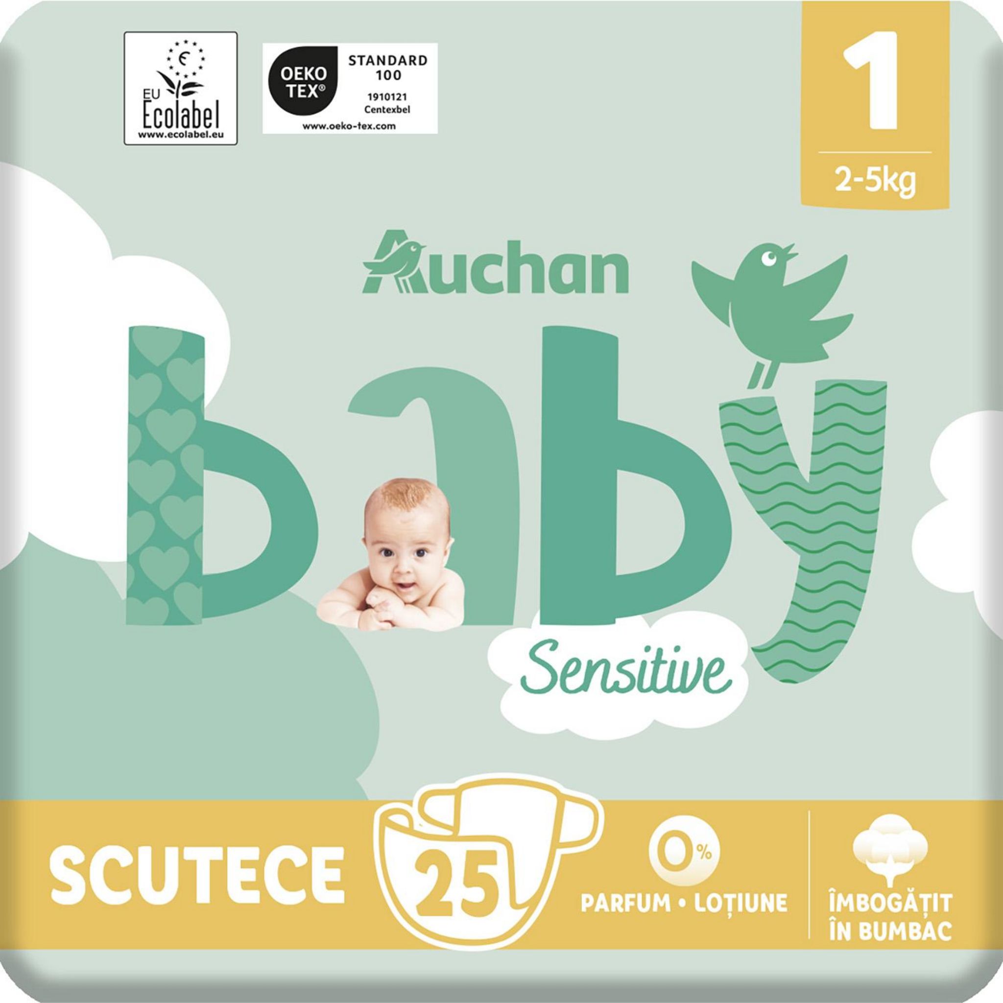 Voir la diapositive 4 : AUCHAN BABY Sensitive Couches taille 1 (2-5kg) 25 couches