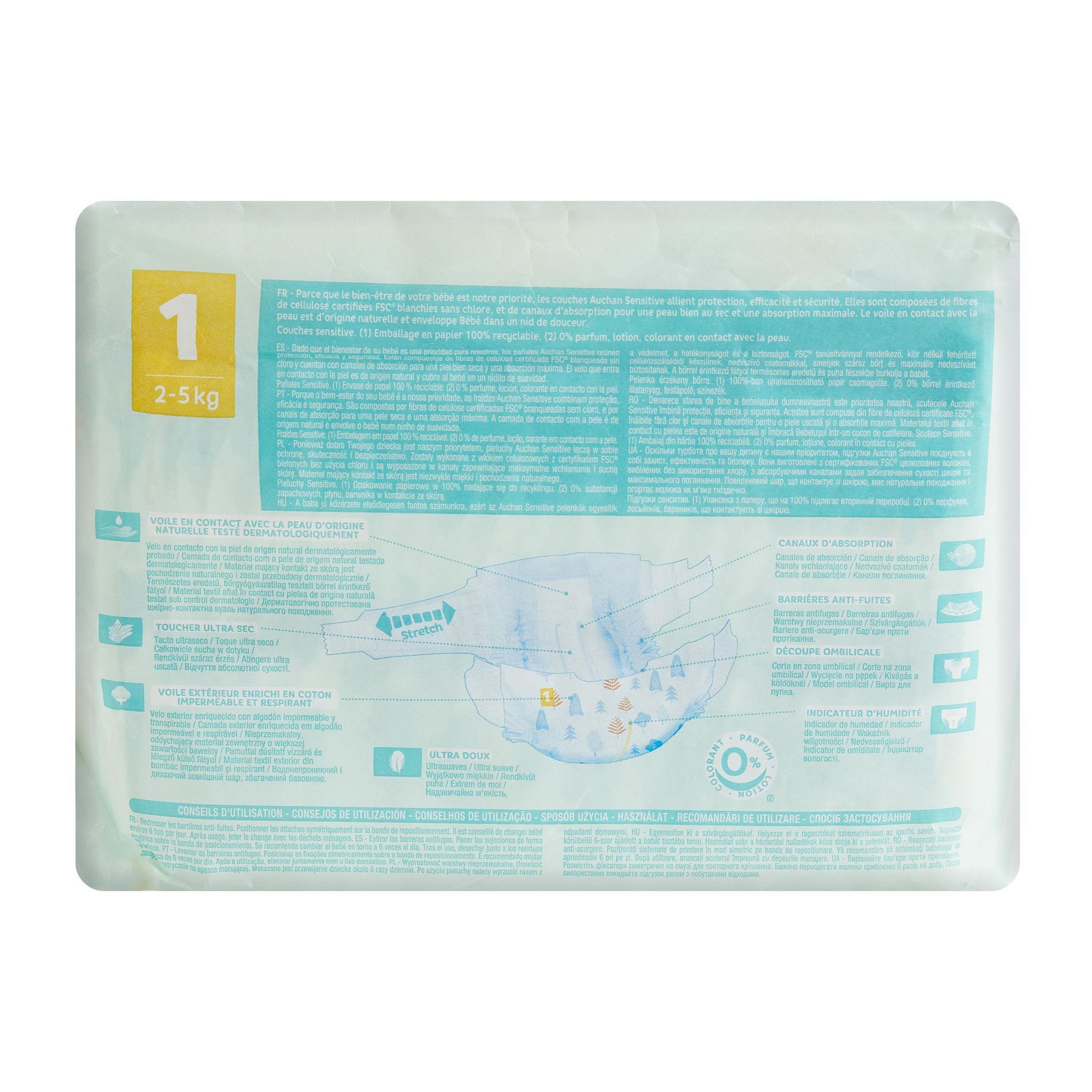 Voir la diapositive 7 : AUCHAN BABY Sensitive Couches taille 1 (2-5kg) 25 couches