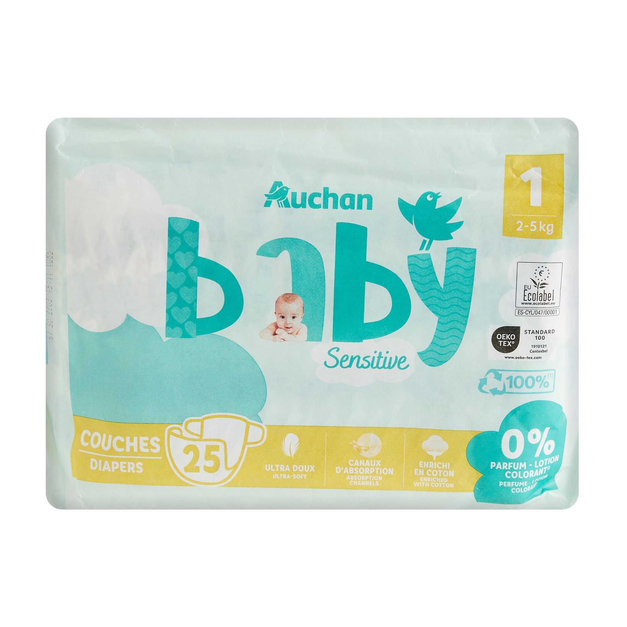 Voir la diapositive 9 : AUCHAN BABY Sensitive Couches taille 1 (2-5kg) 25 couches
