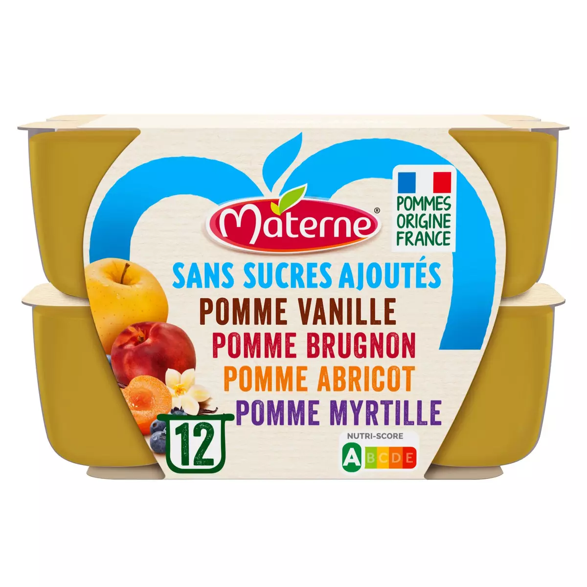 MATERNE Coupelles compote pomme vanille brugnon abricot myrtille sans sucres ajoutés 12x100g