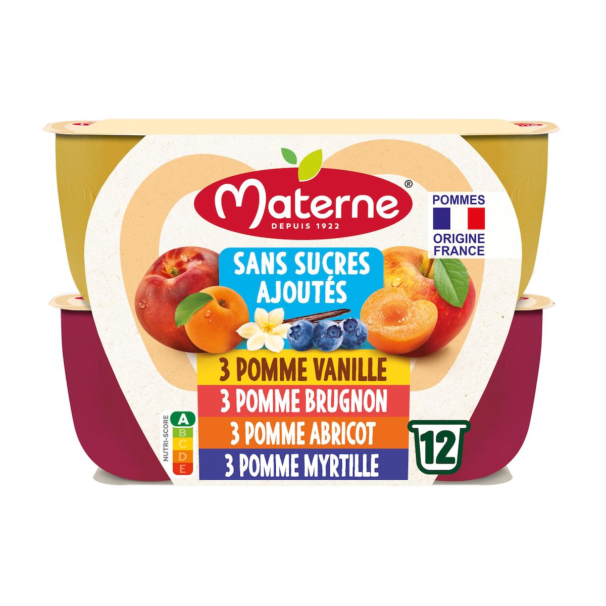 MATERNE Coupelles compote pomme vanille brugnon abricot myrtille sans sucres ajoutés 12 coupelles 12x100g