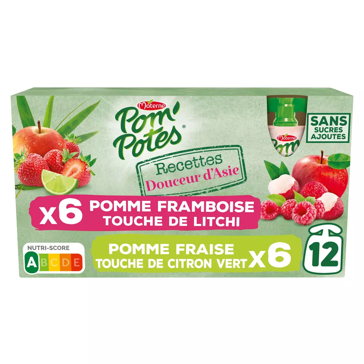 POM'POTES Gourdes compote pomme framboise litchi fraise citron vert sans sucres ajotués 12x90g